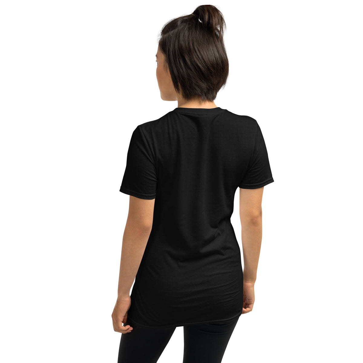 Unisex black t-shirt, back view; plain fabric no visible back print