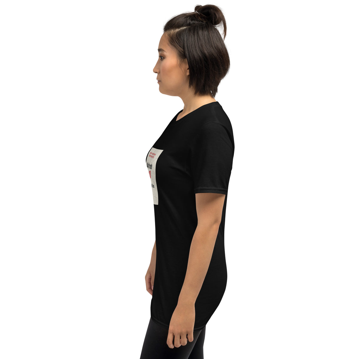 Black unisex T-shirt with front graphic slogan, short sleeves, crew neck