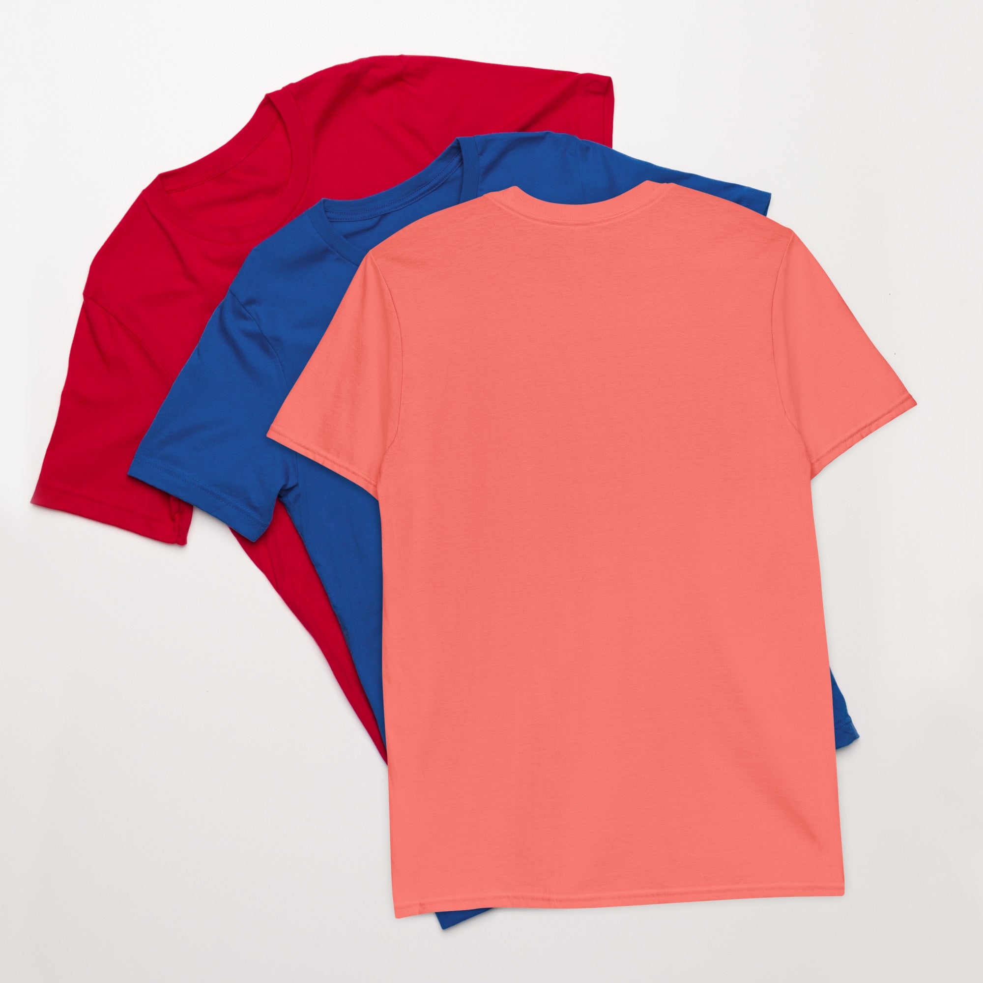 Coral pink unisex short-sleeve T-shirt, plain back, crew neck