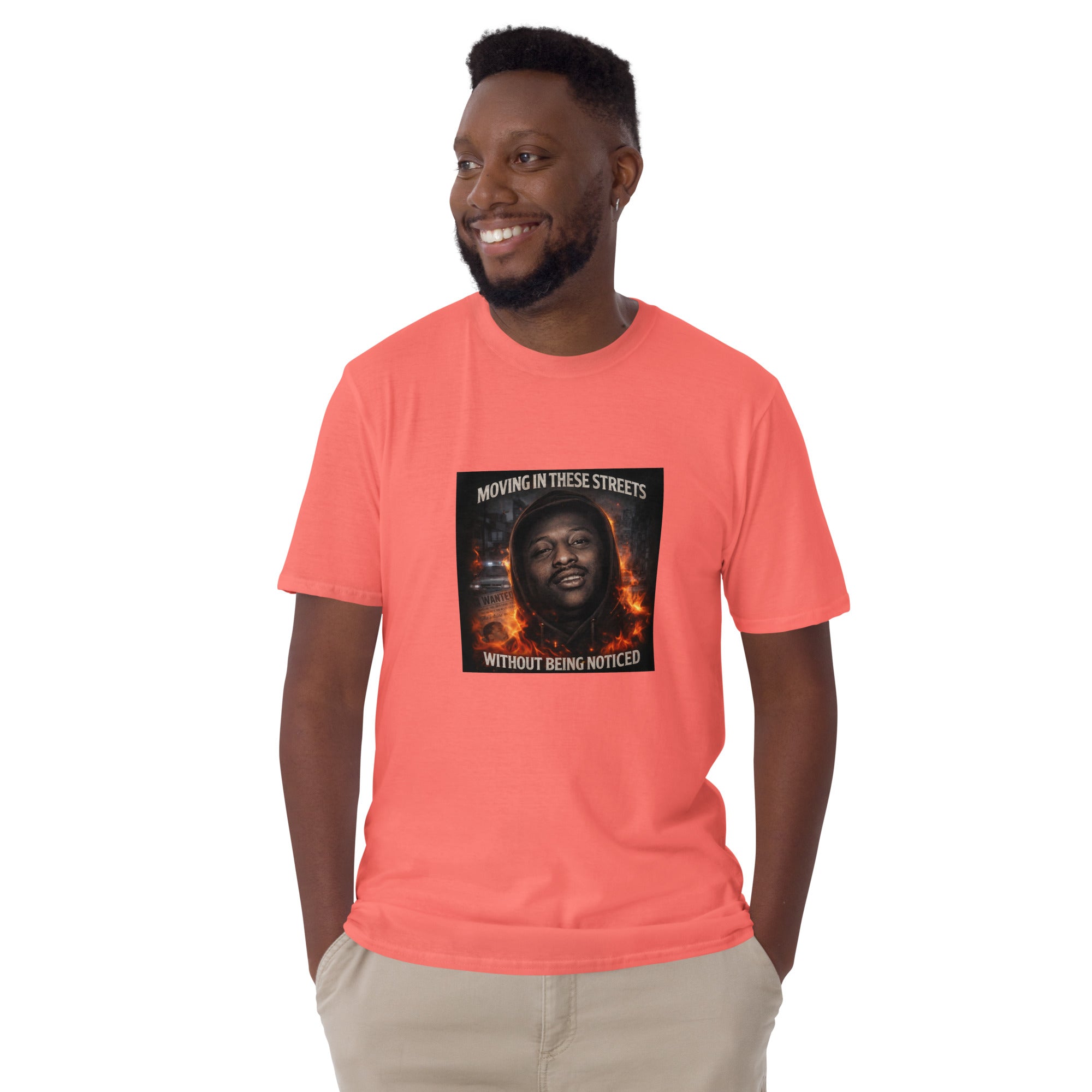 Coral red unisex T-shirt with front photo graphic, crew neck