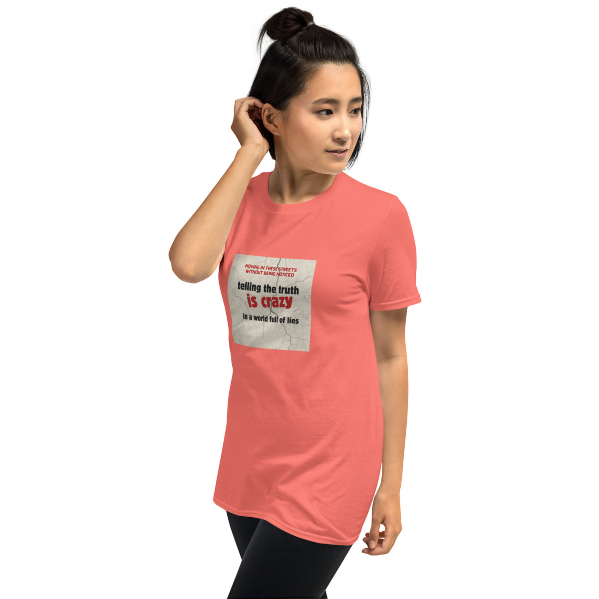 Coral unisex tee with front text-and-graphic square