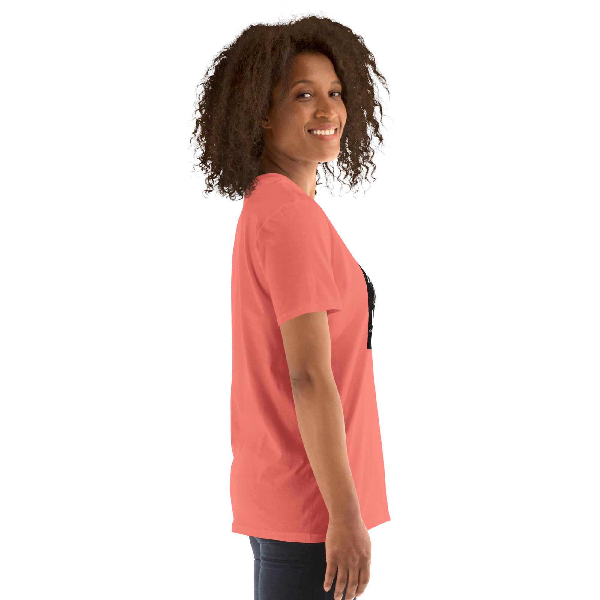 Coral unisex T-shirt side profile showing sleeve and hem