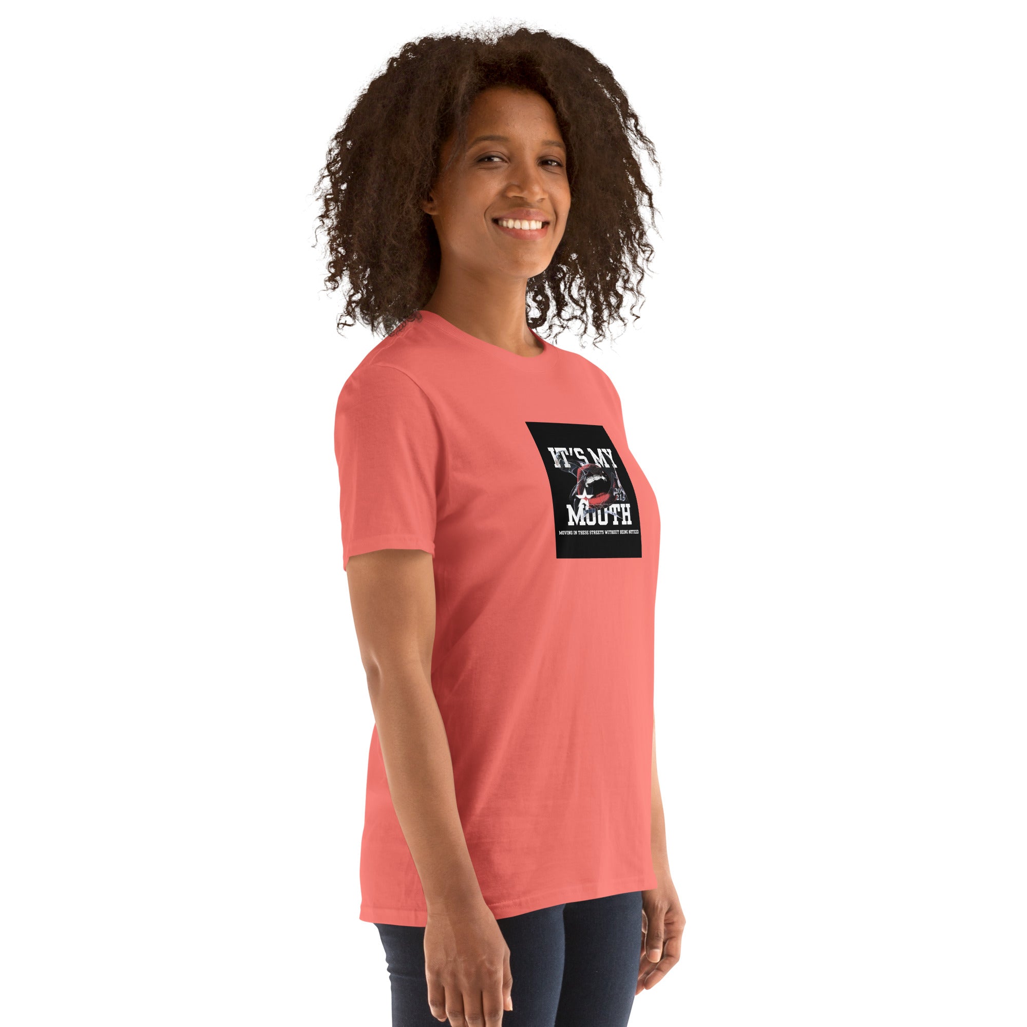 Coral unisex T-shirt front view with “It’s My Mouth” square chest graphic