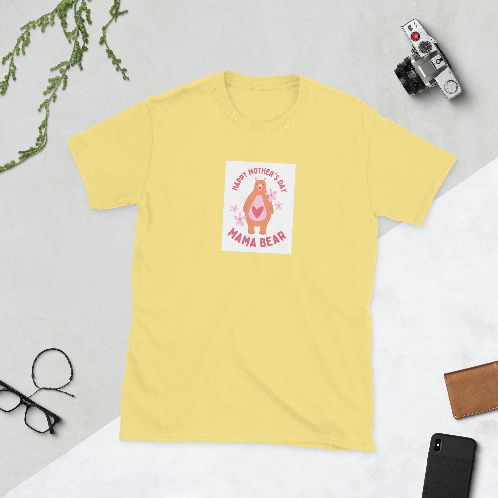 Yellow unisex short-sleeve T-shirt with “Happy Mother’s Day” Mama Bear graphic