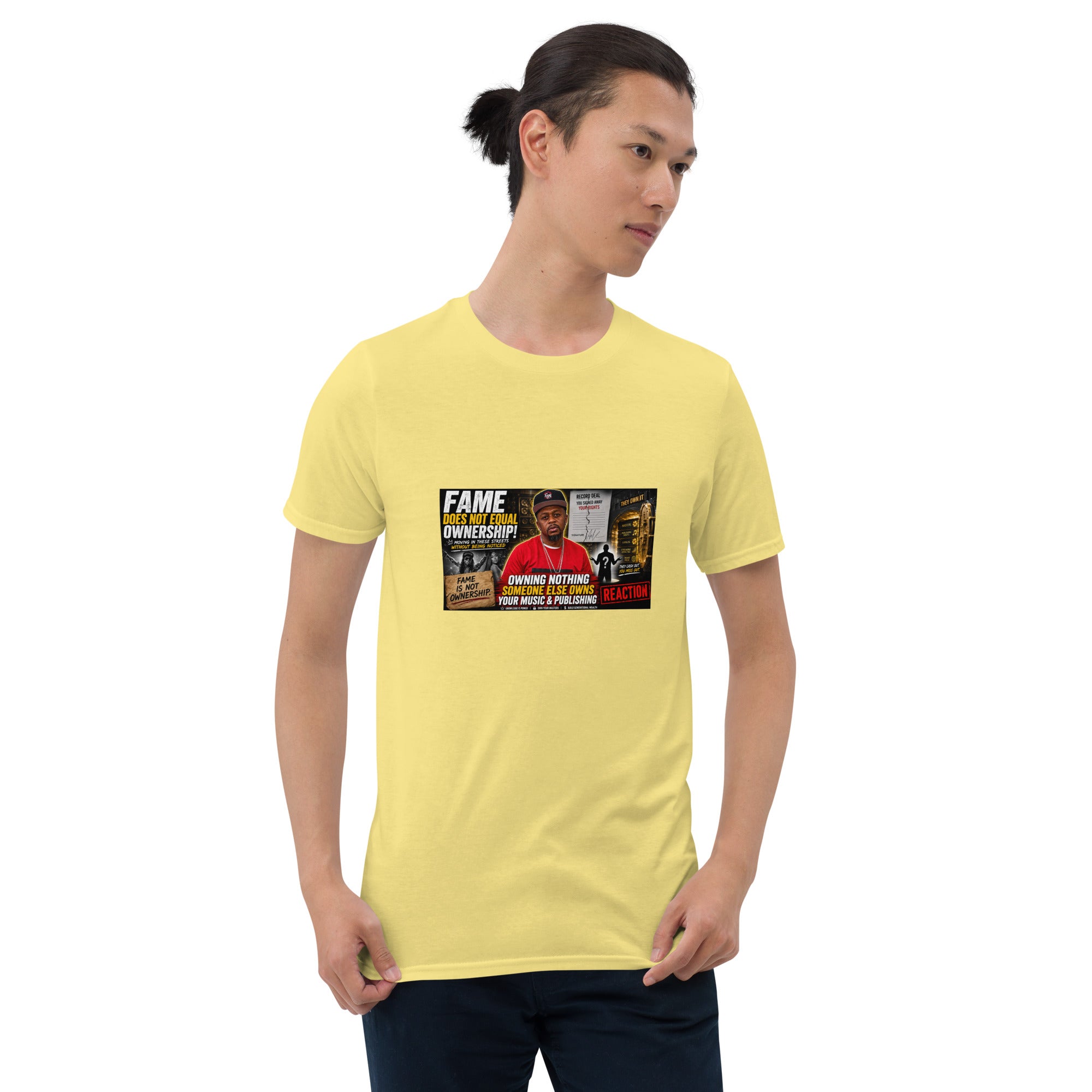 Unisex short-sleeve t-shirt, yellow, front view with colorful chest graphic print