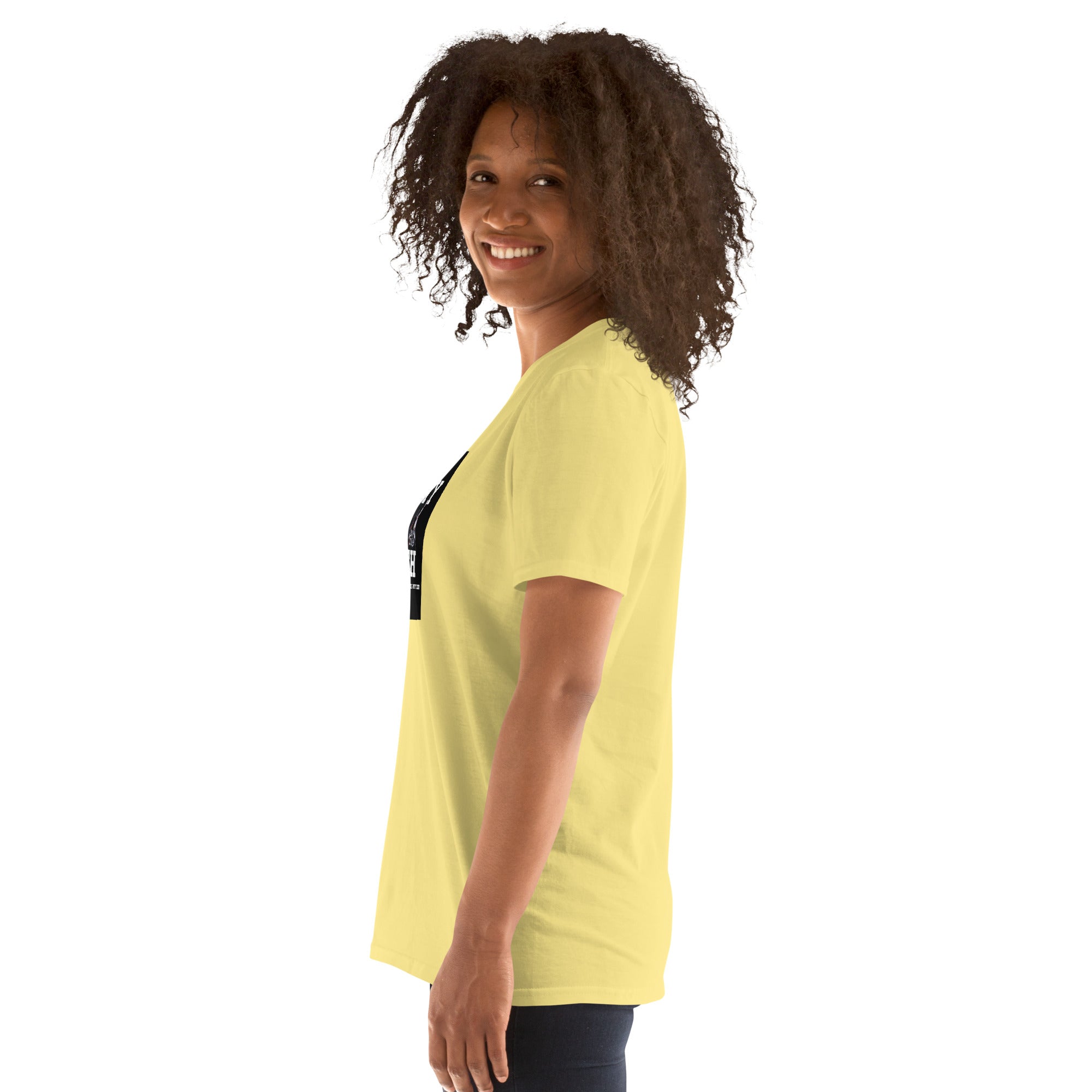 Daisy yellow short-sleeve unisex T-shirt, side view with graphic near left chest