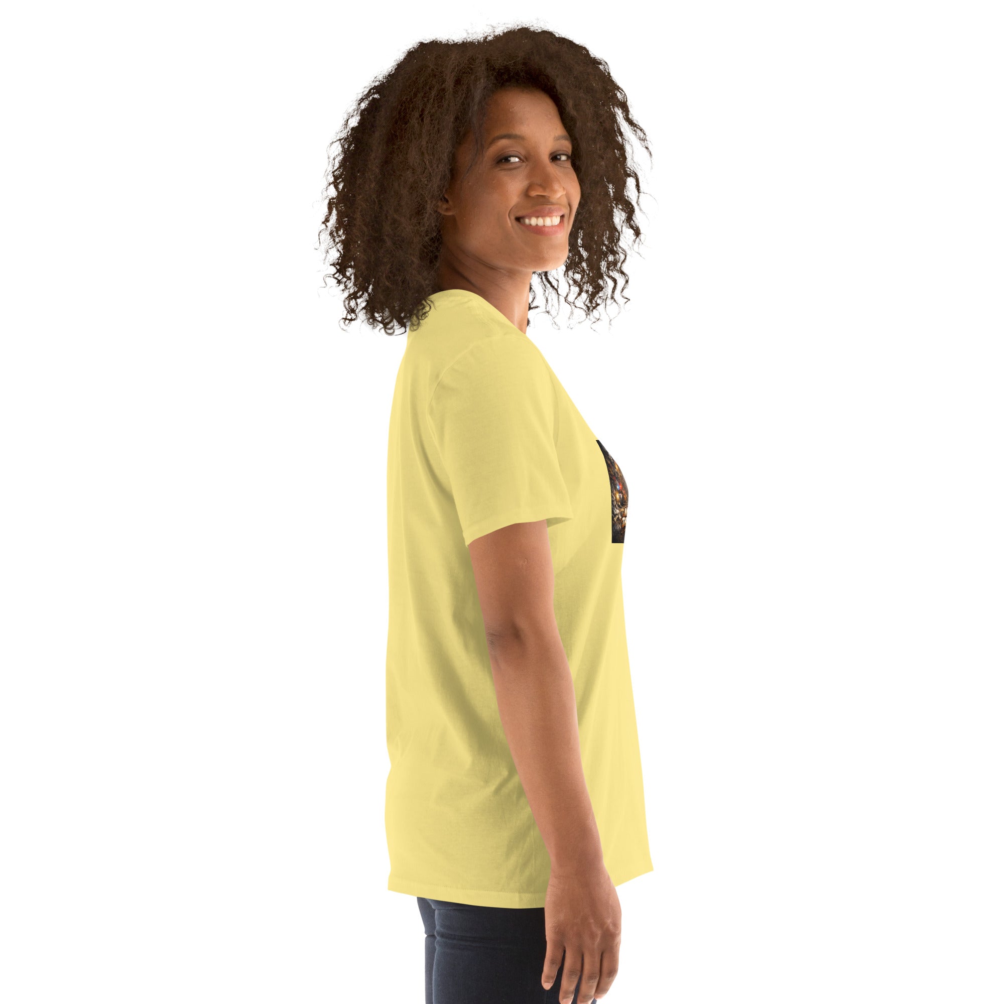 Premium T-shirt in yellow-lime, angled side view showing graphic placement