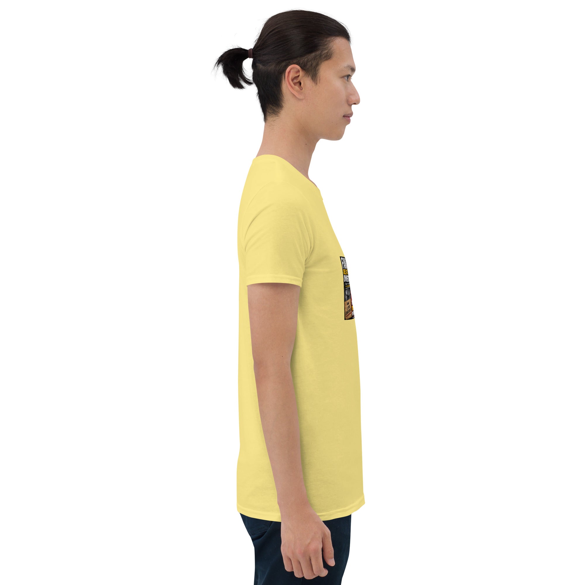 Yellow unisex short-sleeve T-shirt with colorful rectangular graphic on back