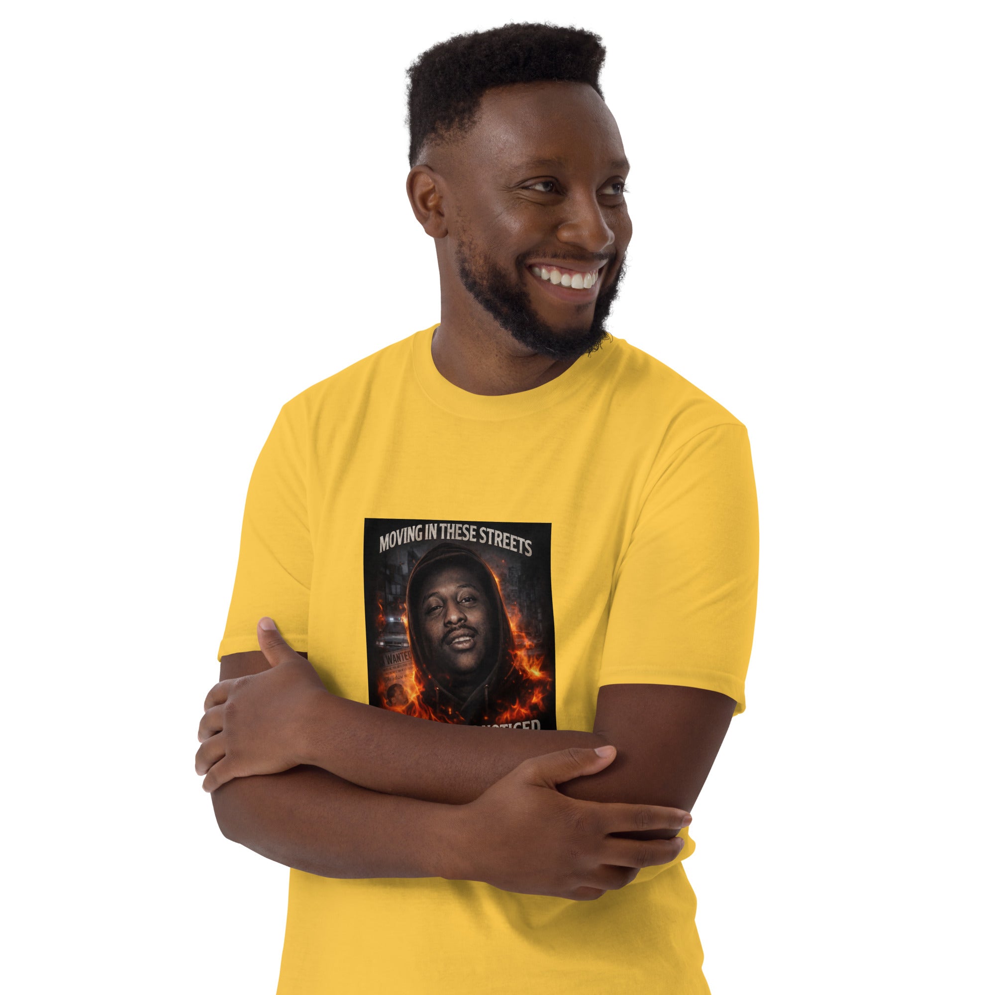 Mustard yellow unisex T-shirt, front graphic print close-up, crew neck