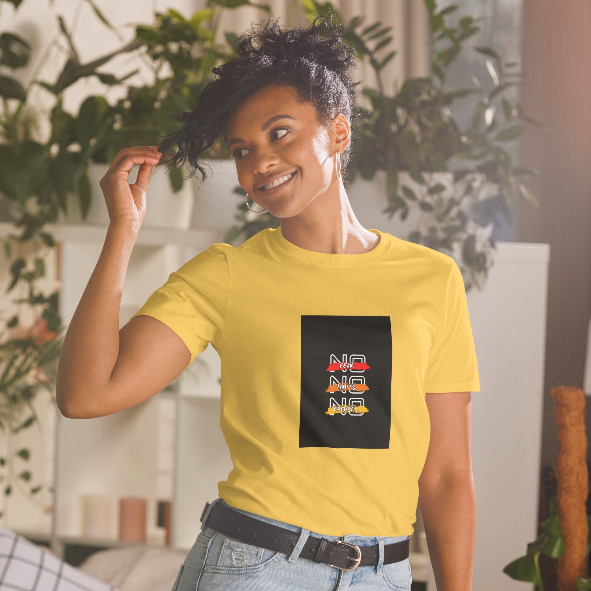 Yellow short-sleeve unisex T-shirt with square logo graphic on the chest