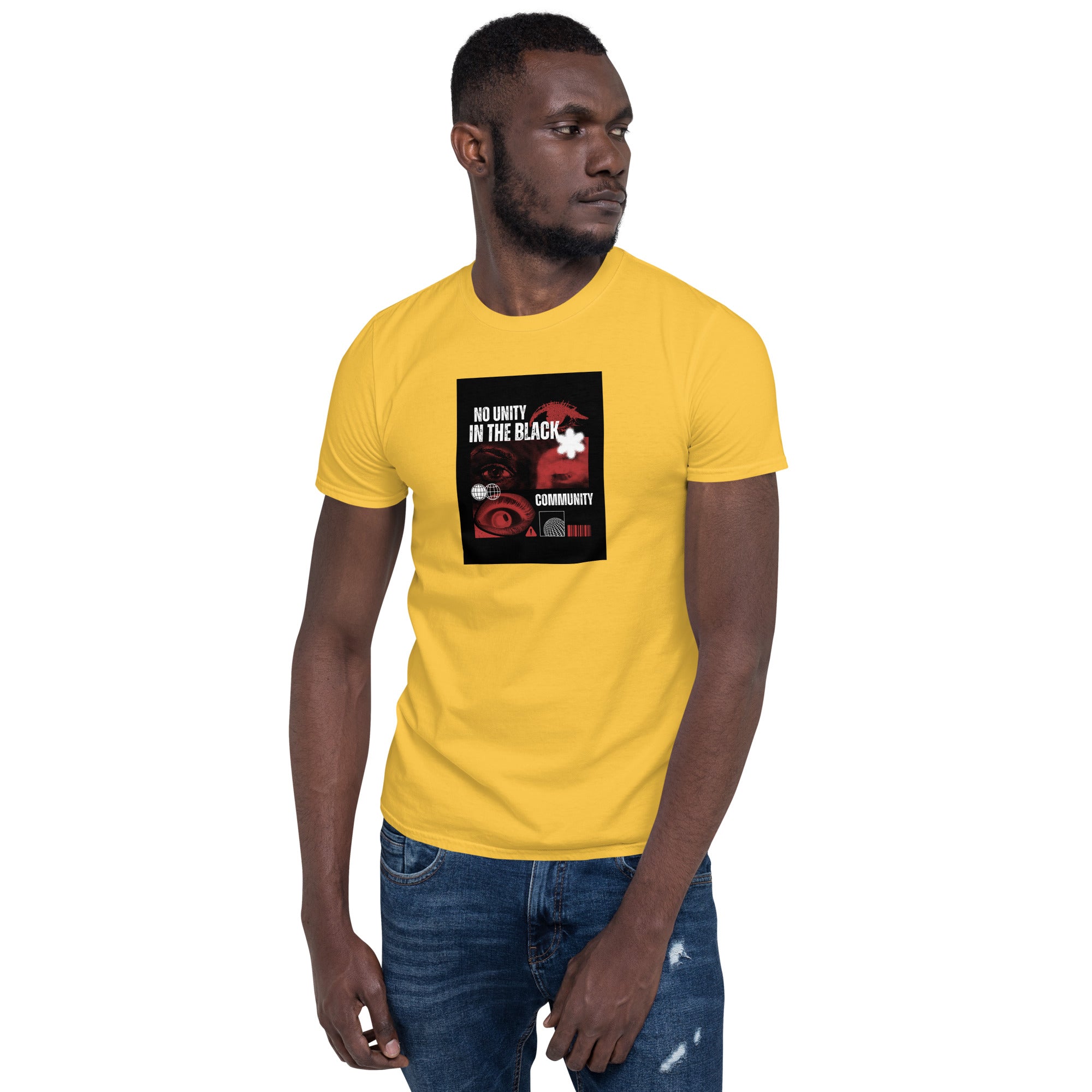 Unisex short-sleeve T-shirt, yellow, black square chest graphic