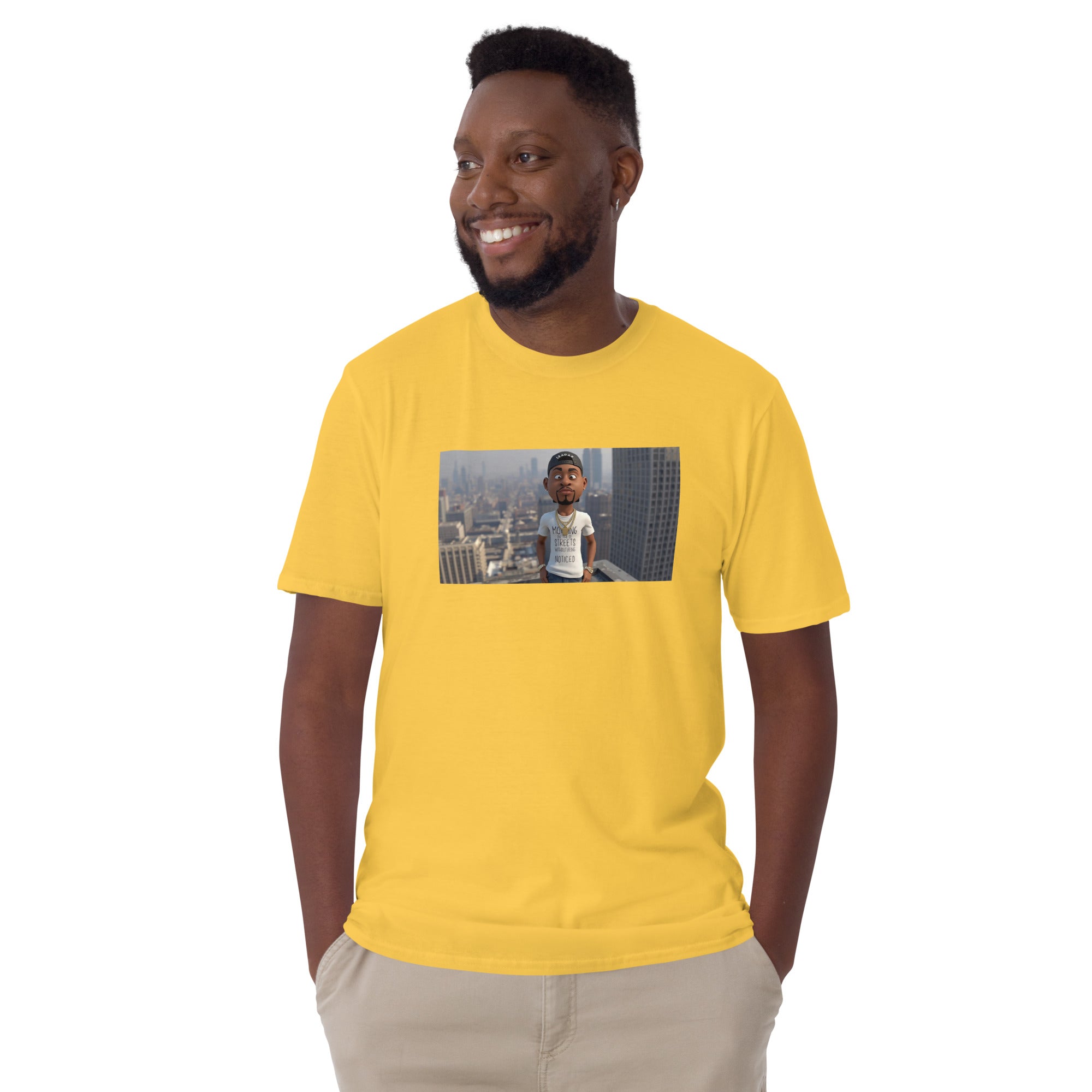 Unisex short-sleeve T-shirt in Yellow with front rectangular graphic print