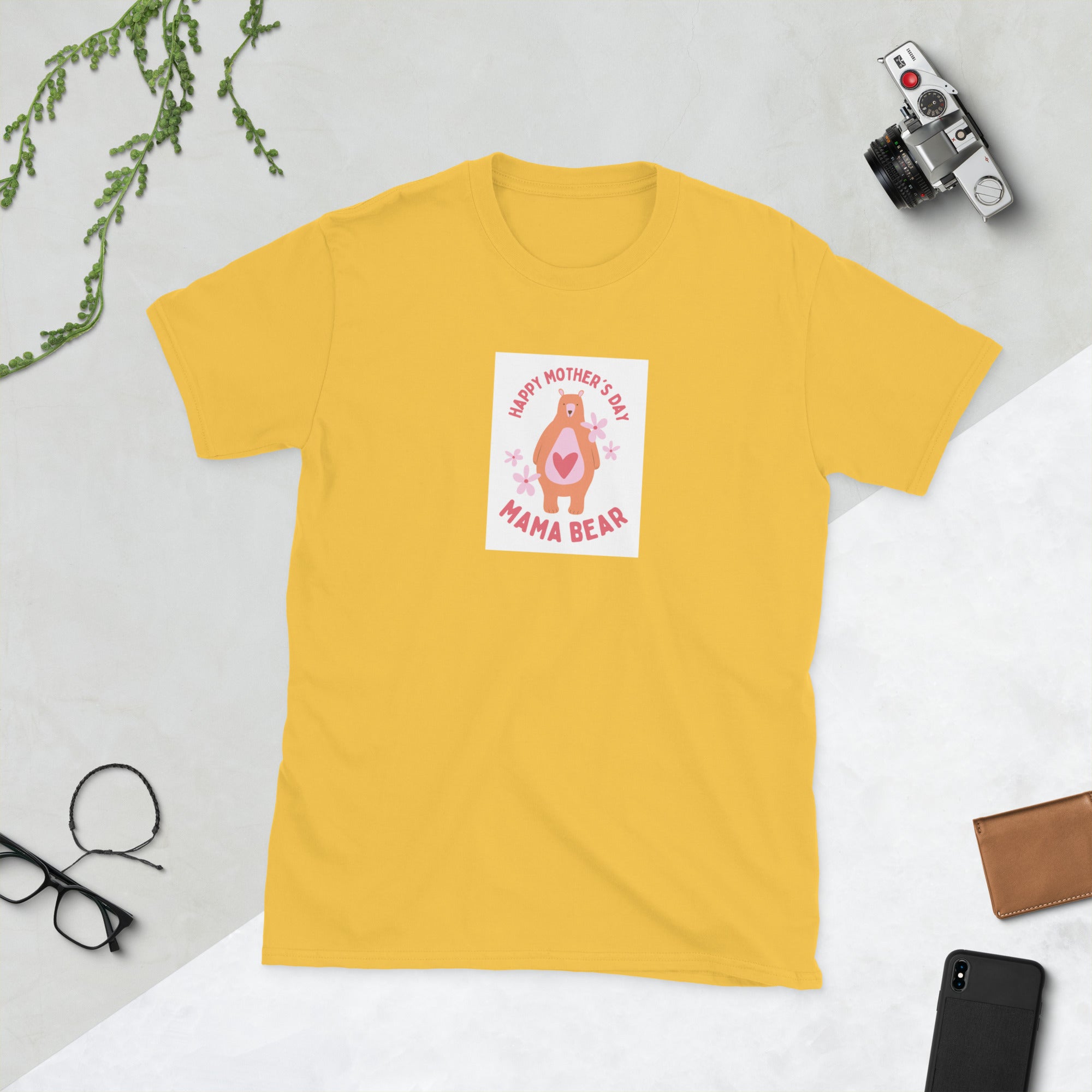 Happy Mother’s Day unisex T-shirt, yellow front with “Mama Bear” graphic