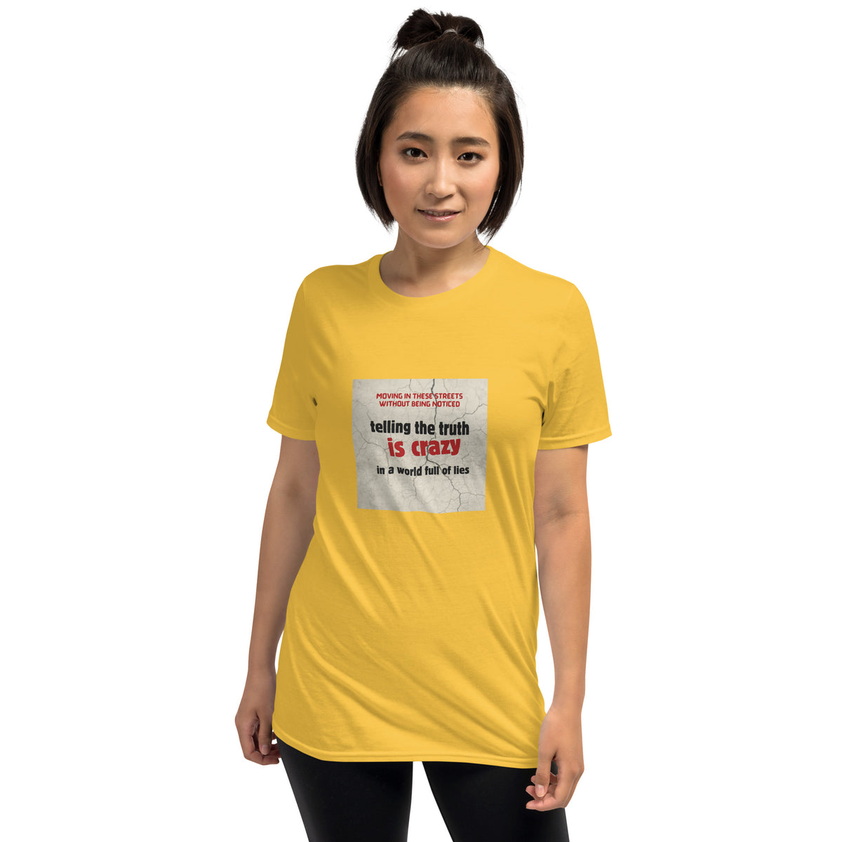 Yellow unisex t-shirt with square front graphic, crew neck and short sleeves