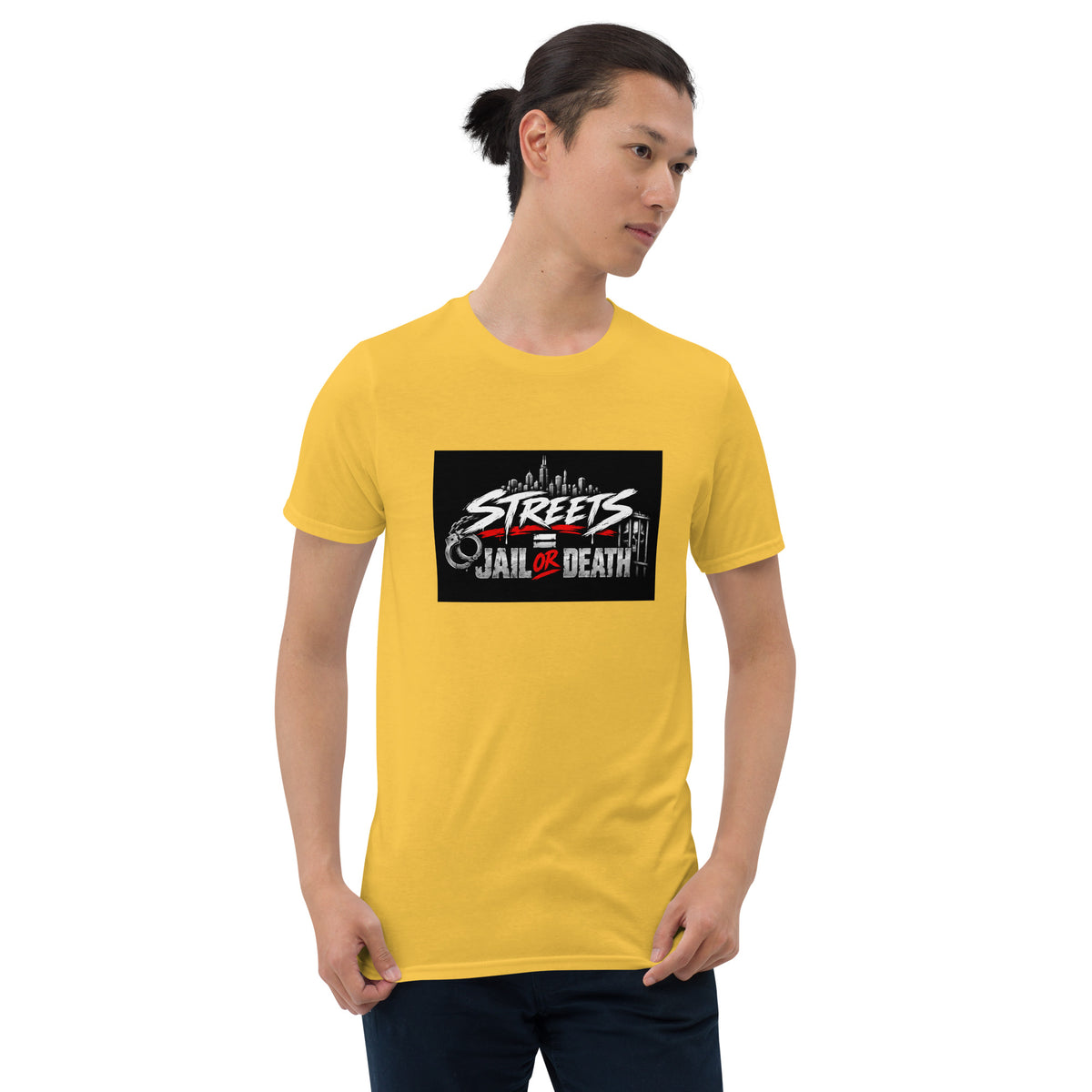 Unisex crewneck short-sleeve T-shirt in yellow with front rectangular Streets Jail or Death print
