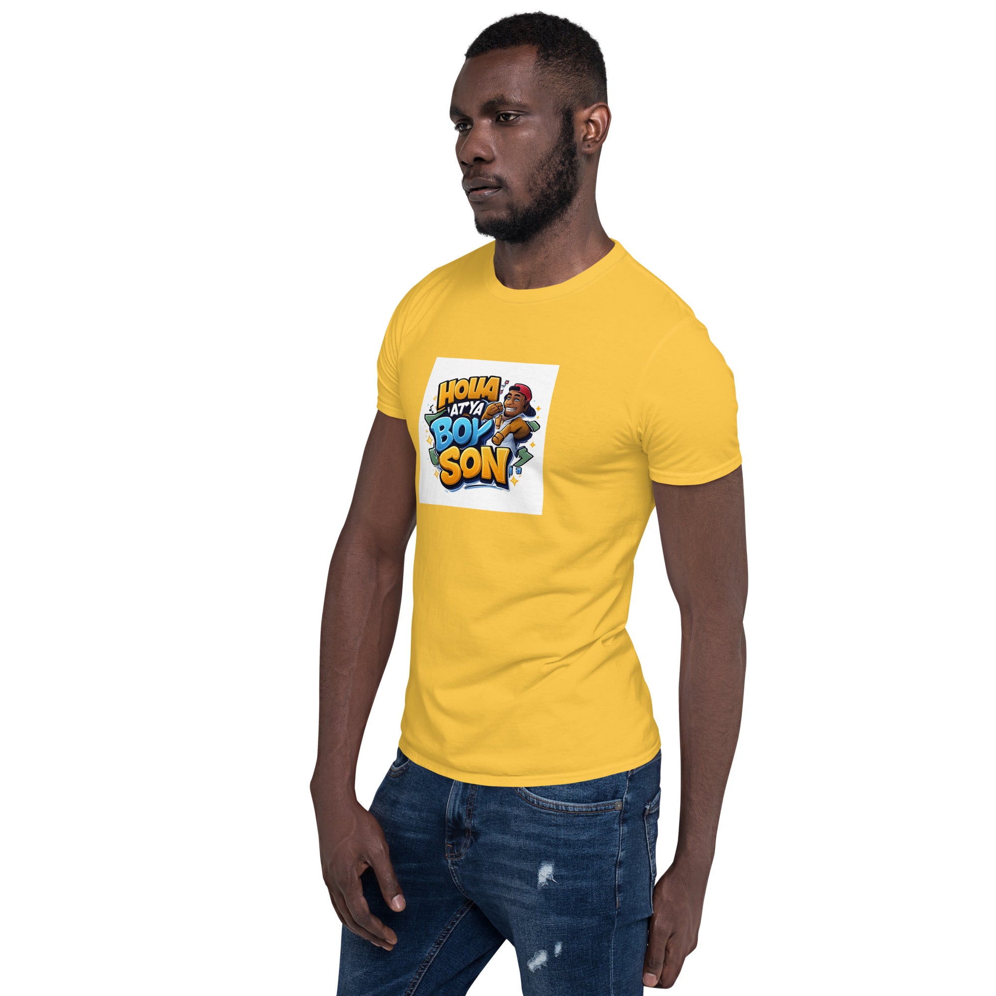 Holla At Ya Boy Son unisex T-shirt, gelb, Brustmotiv von der Seite sichtbar