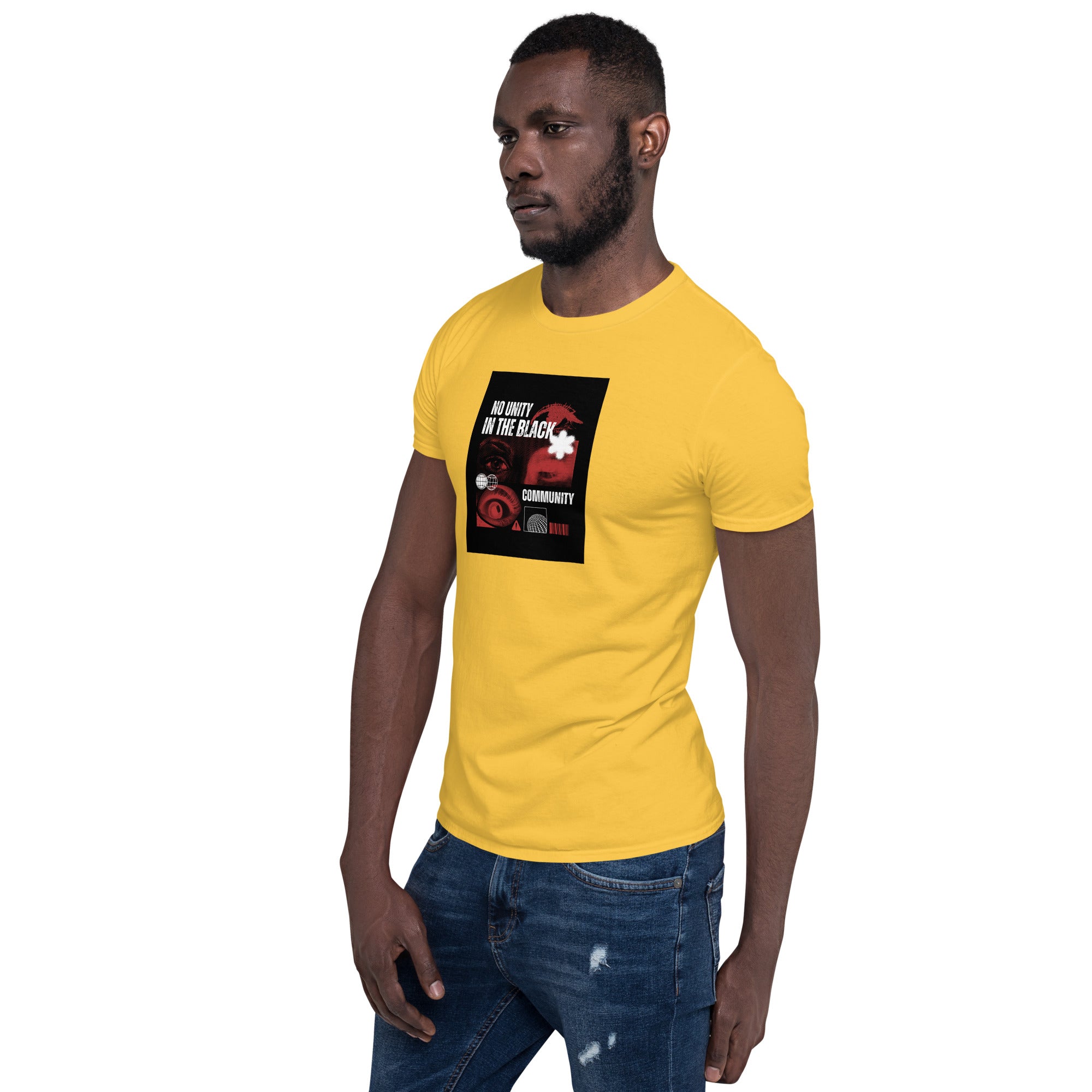 Unisex short-sleeve T-shirt, yellow, front view with black square graphic