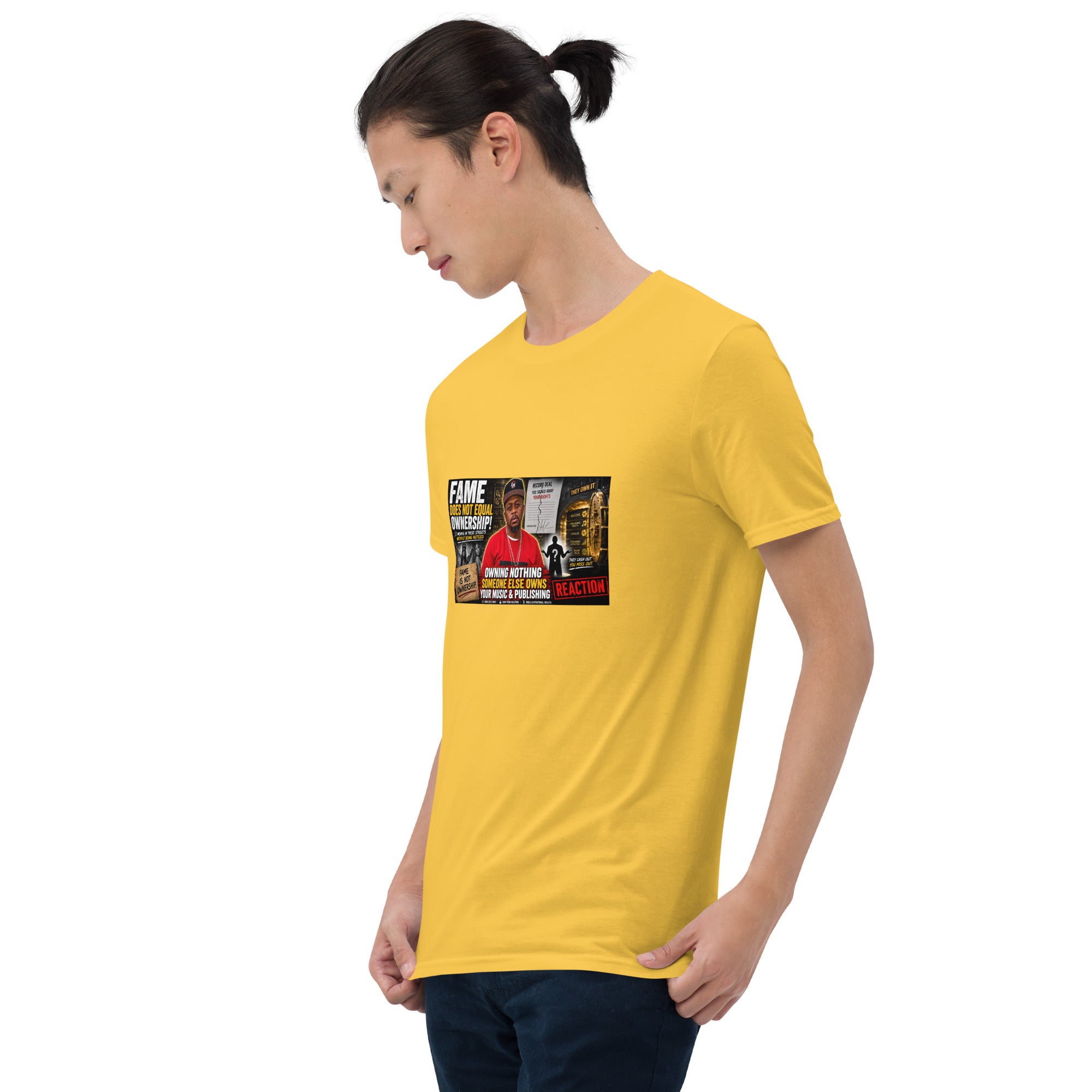 Unisex short-sleeve t-shirt, yellow, angled front view, chest graphic print