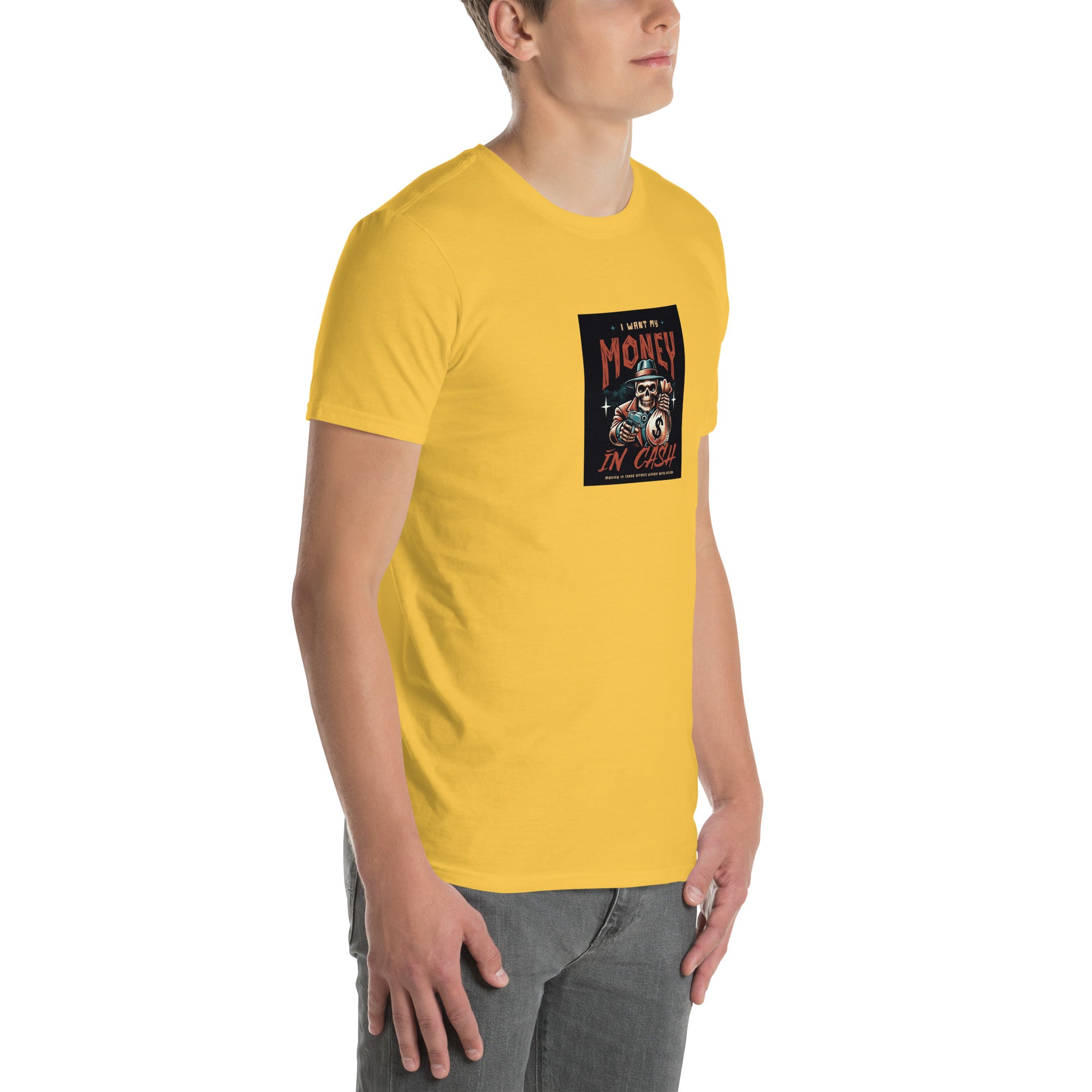 Unisex short-sleeve T-shirt, yellow—close view of front square money graphic