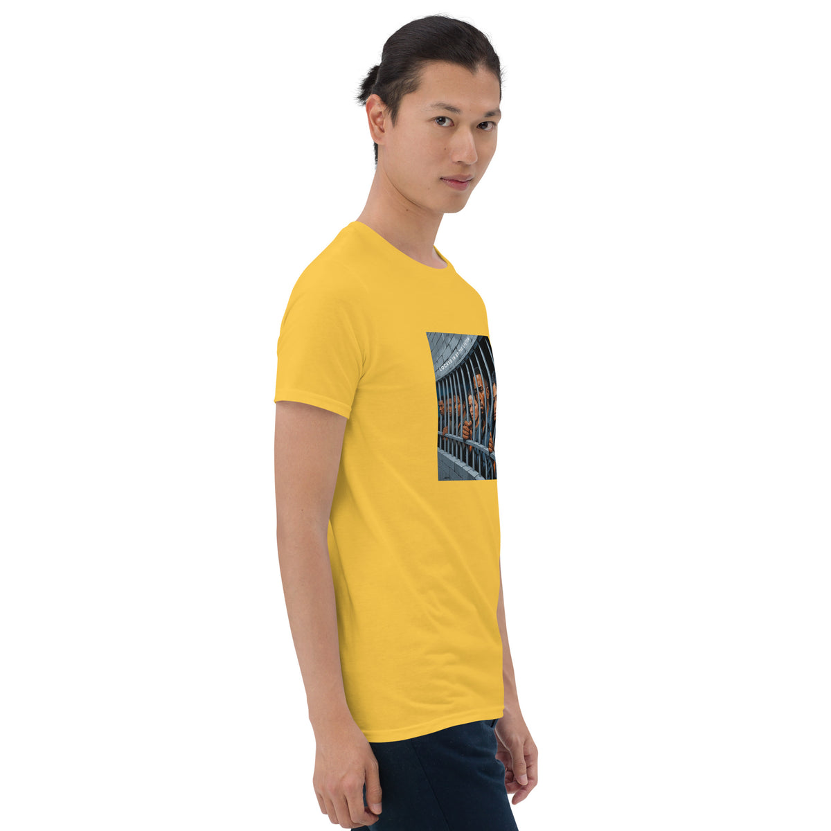Yellow graphic T-shirt with square photo-style print on chest, crew neck, short sleeves