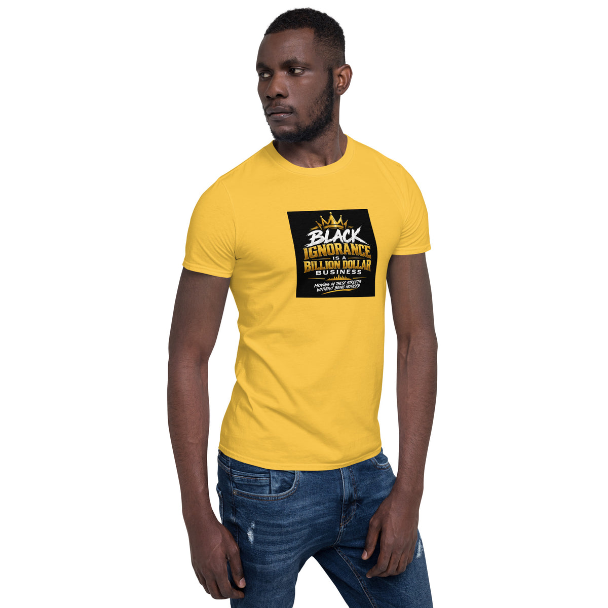 Unisex short-sleeve t-shirt, yellow with black square center chest graphic