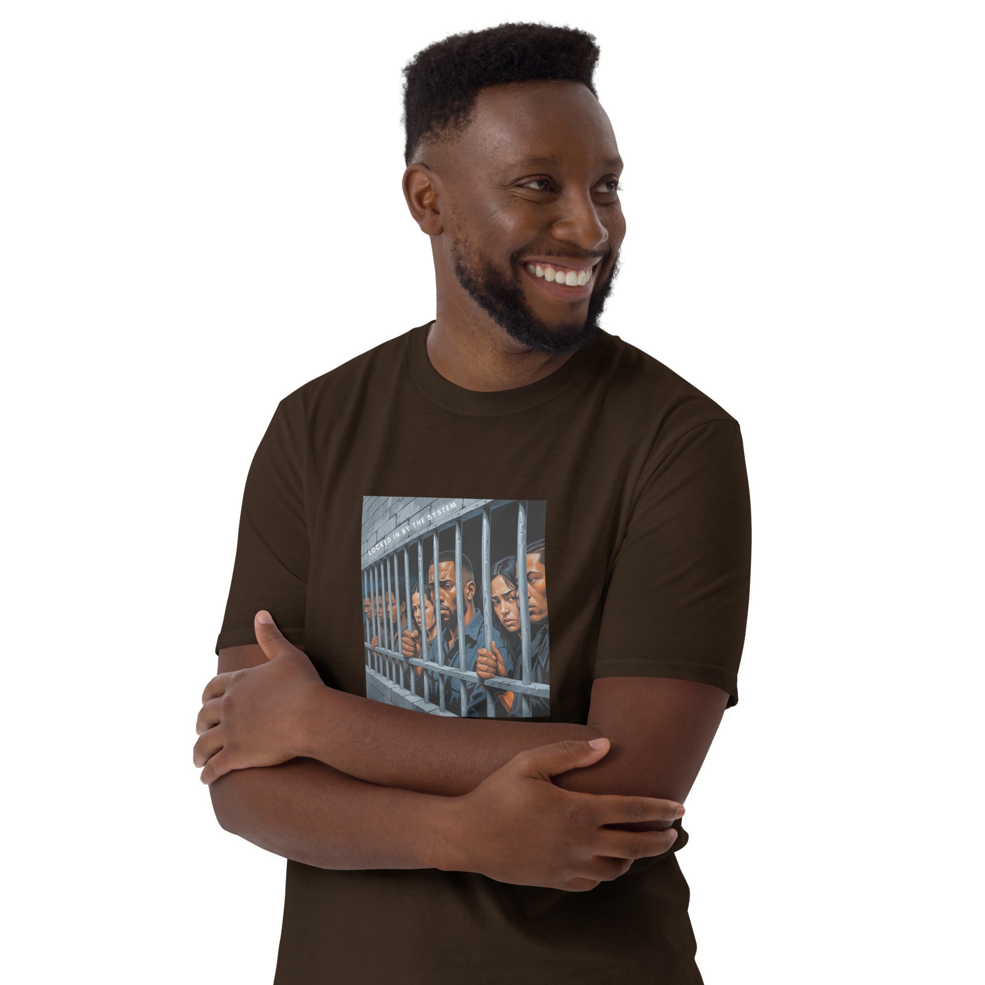 Dark chocolate unisex T-shirt, graphic on chest, arms crossed pose