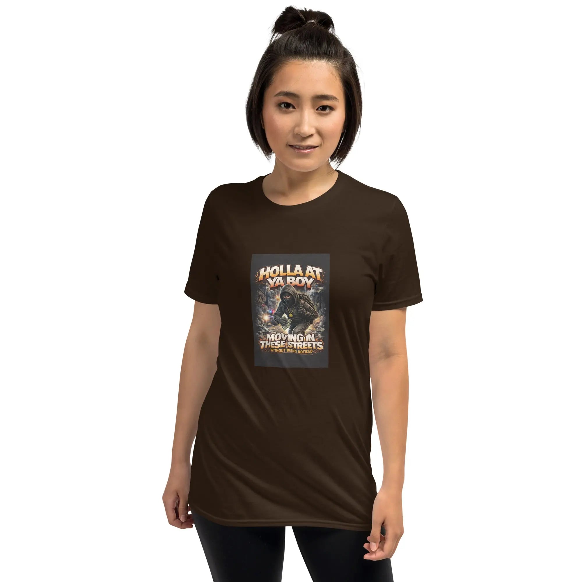 Unisex dark chocolate T-shirt with front square graphic print