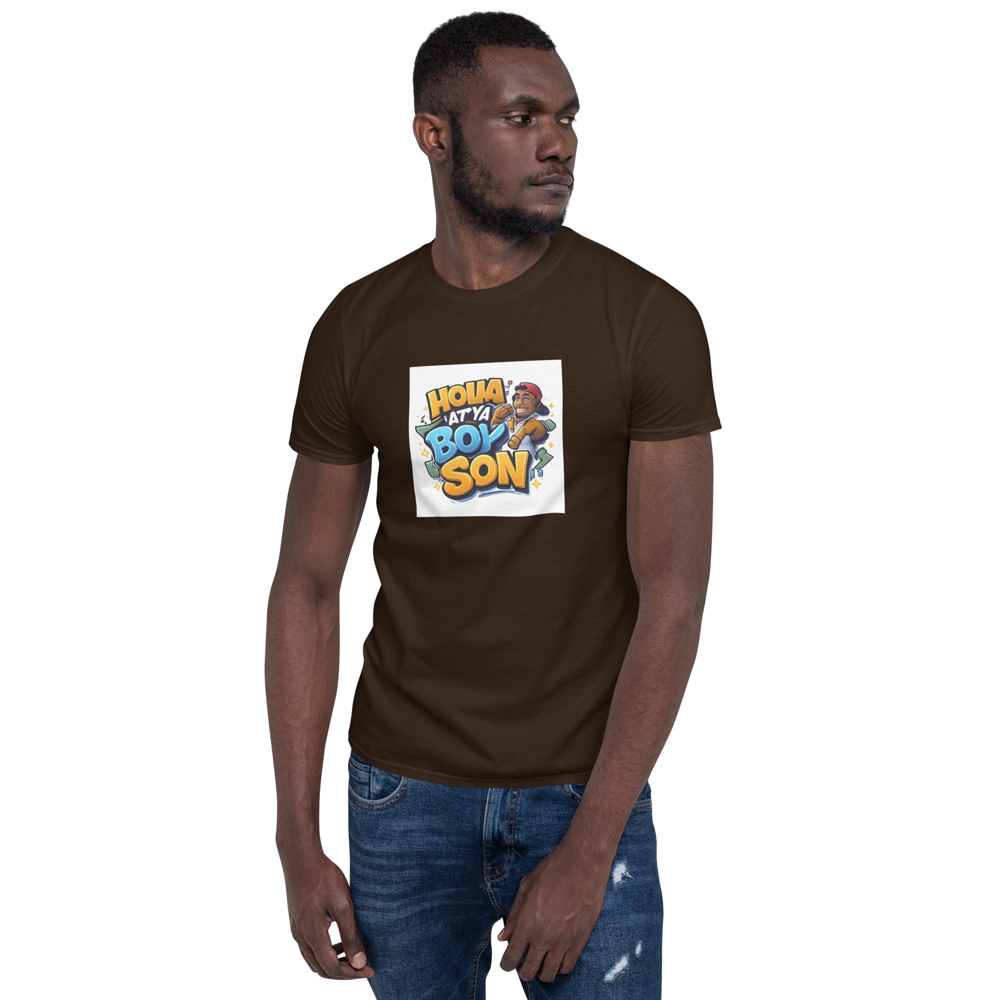 Dark chocolate unisex short-sleeve T-shirt with colorful “Holla at Ya Boy Son” front graphic