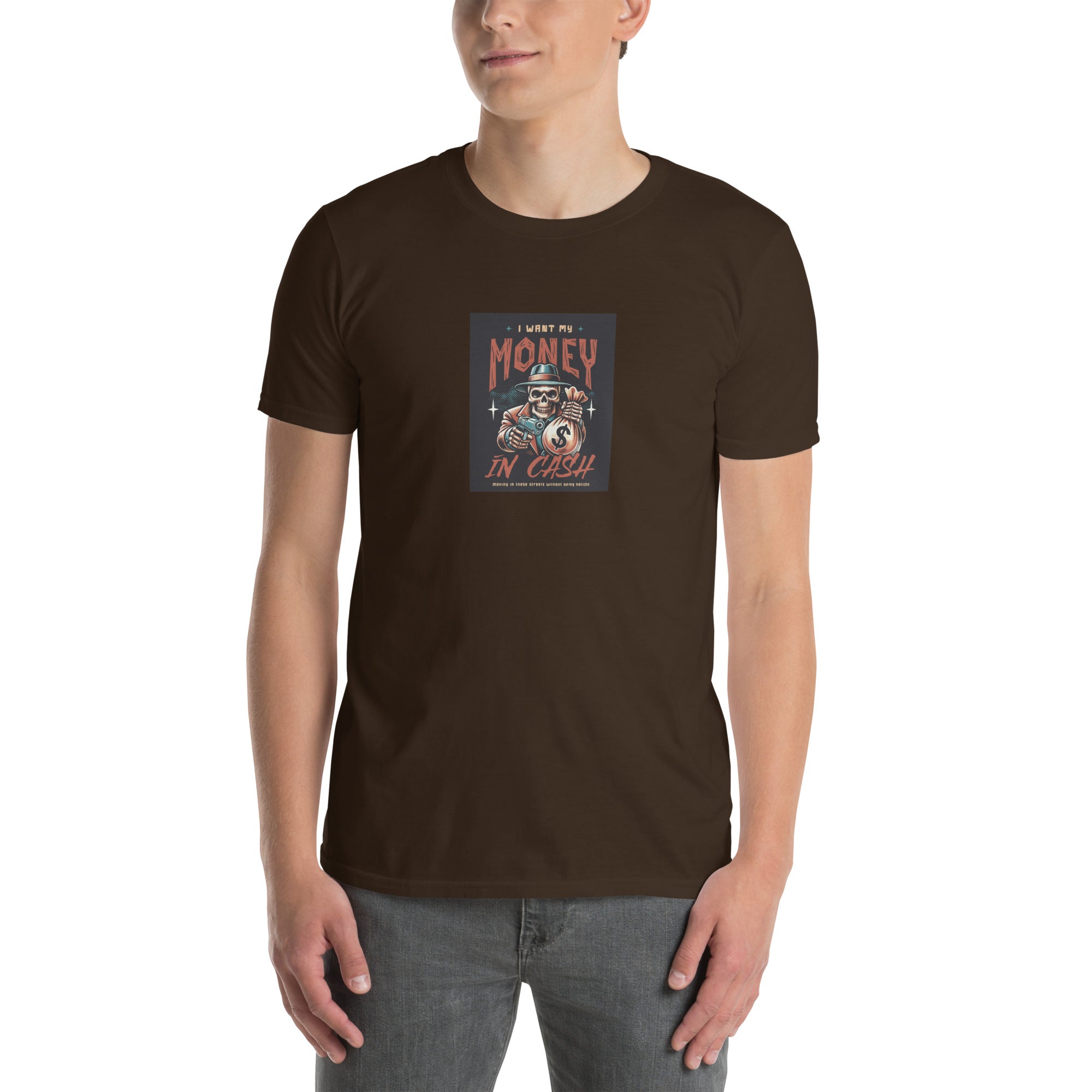 Move In Silence unisex T-Shirt in Dunkelbraun mit Frontmotiv „Money in Cash“.
