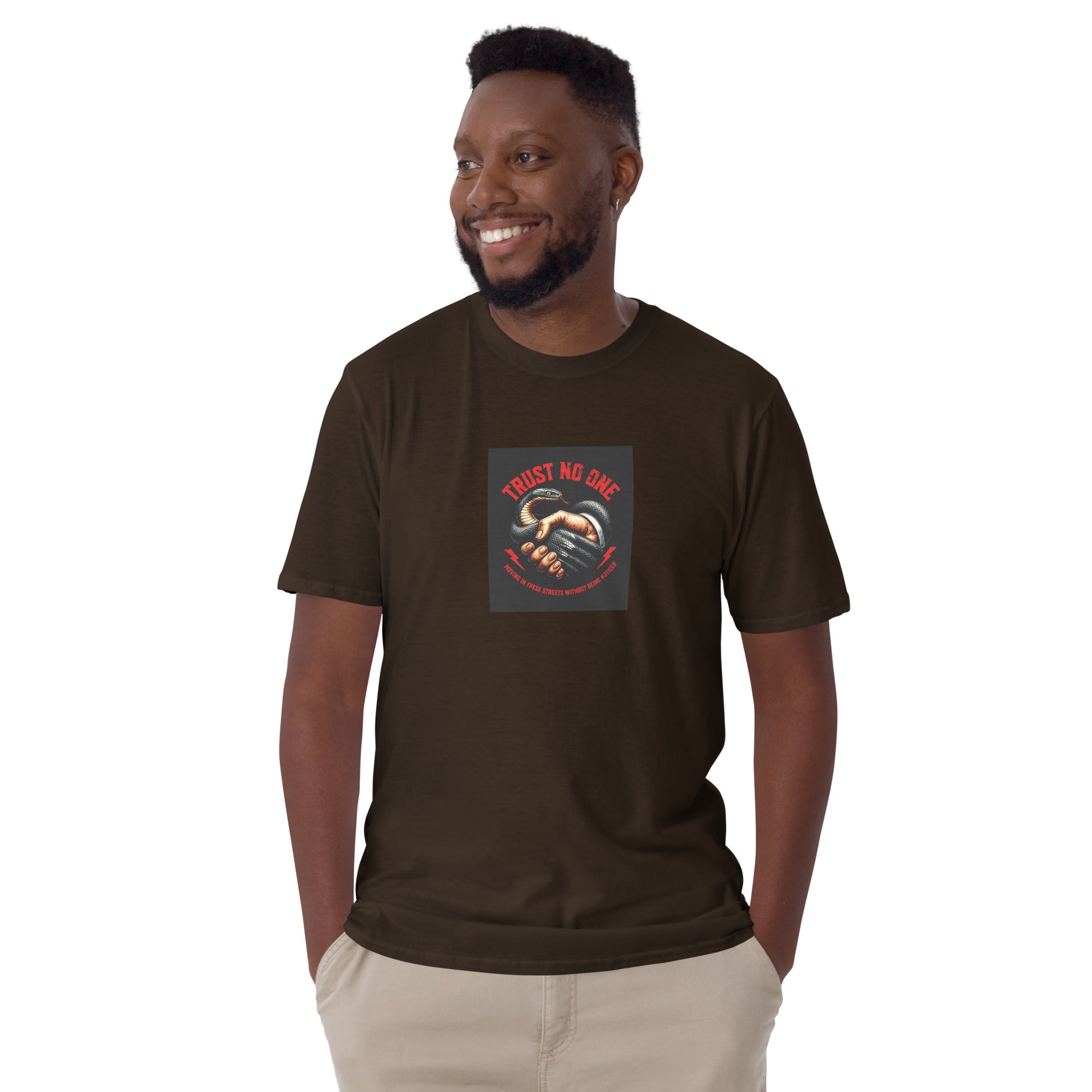 Unisex T-shirt, dark chocolate brown, short sleeves, front logo square print