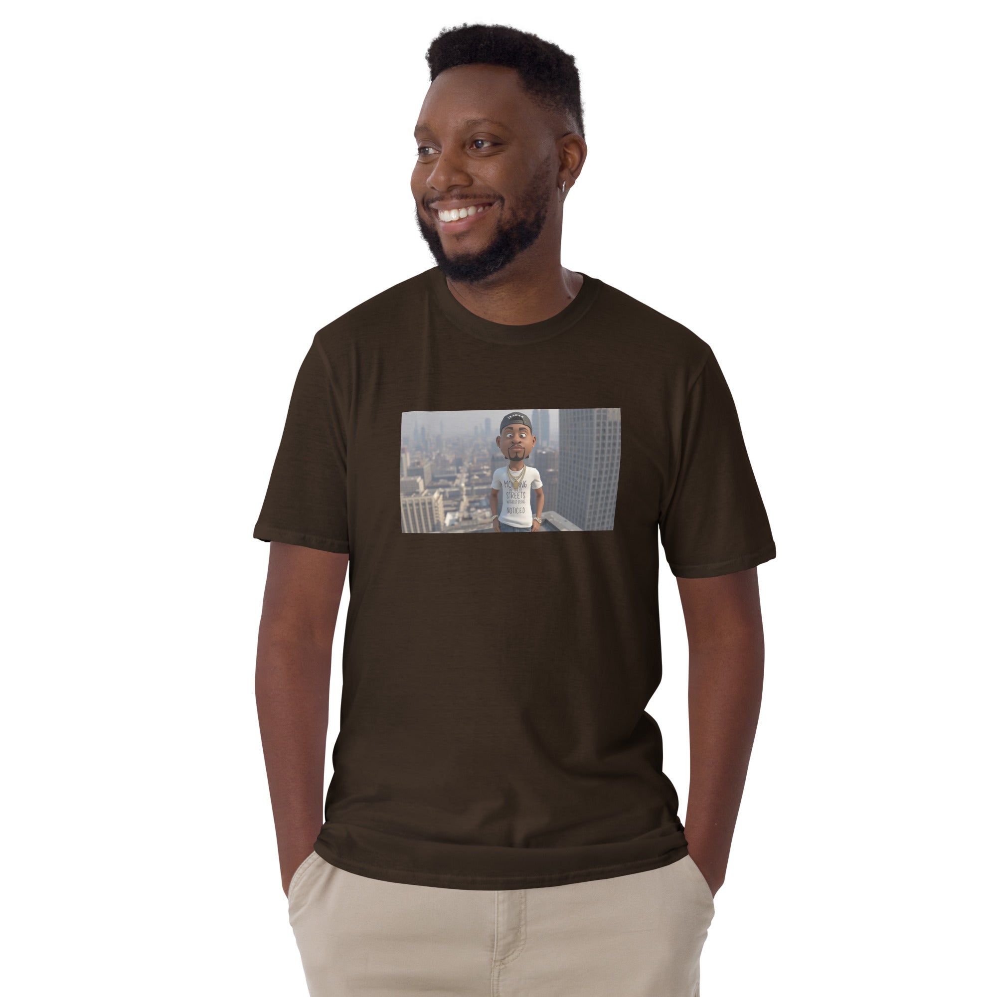 Unisex short-sleeve T-shirt (dark chocolate) with front photo graphic