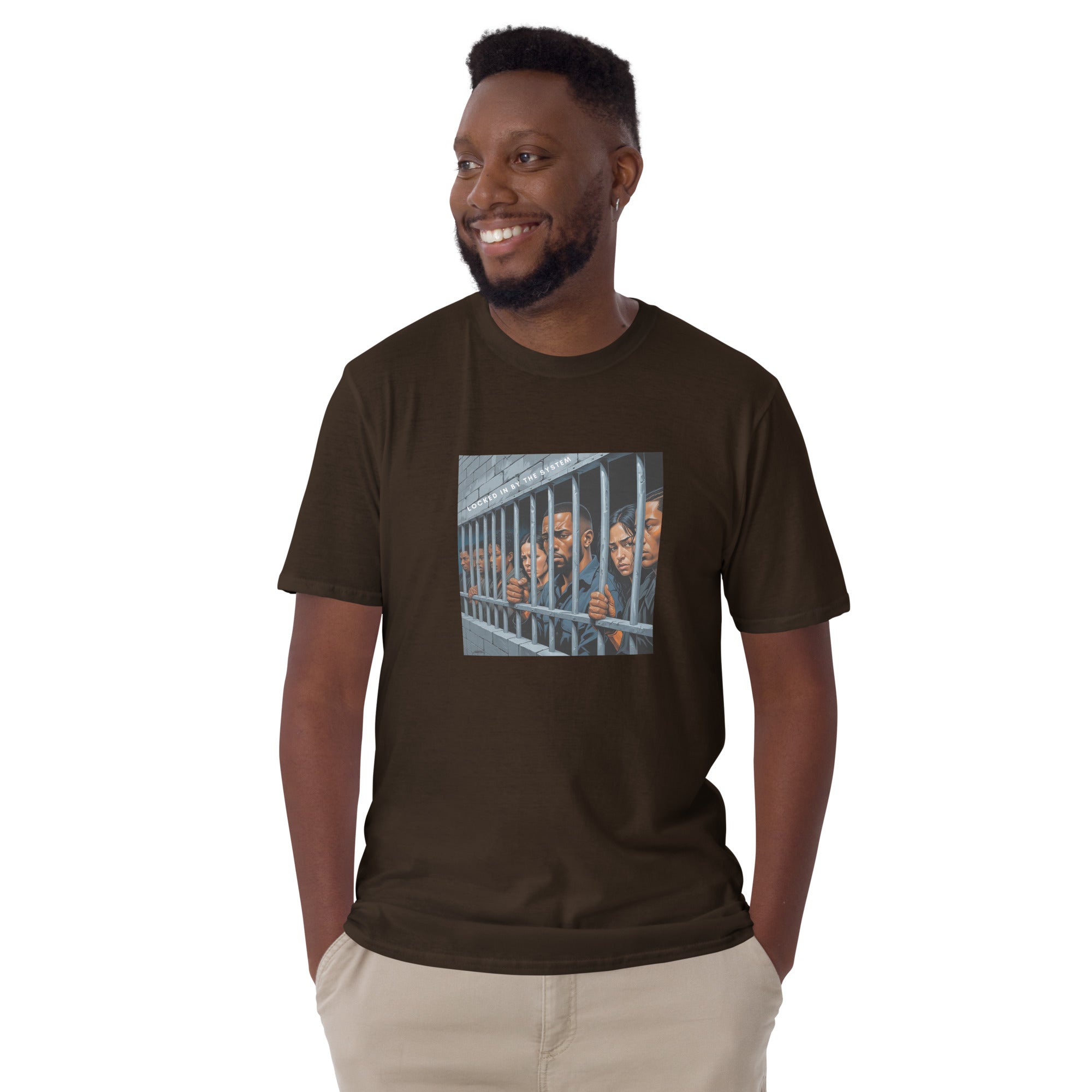 Dark chocolate unisex T-shirt with front rectangular graphic