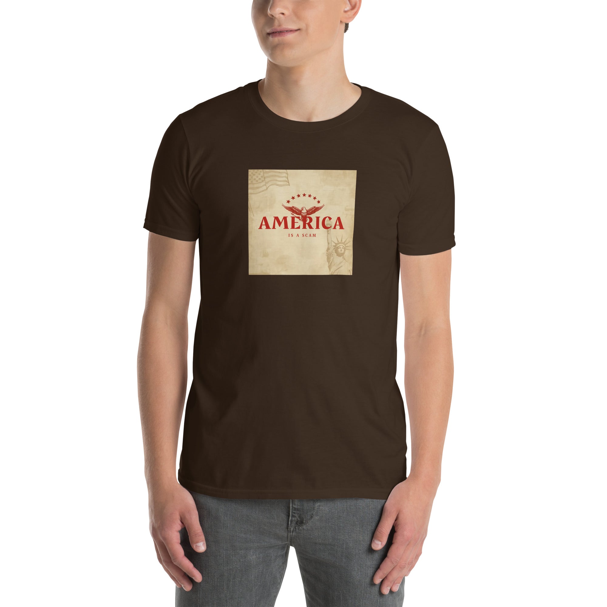 America Is A Scam T-shirt, dark chocolate, front graphic print