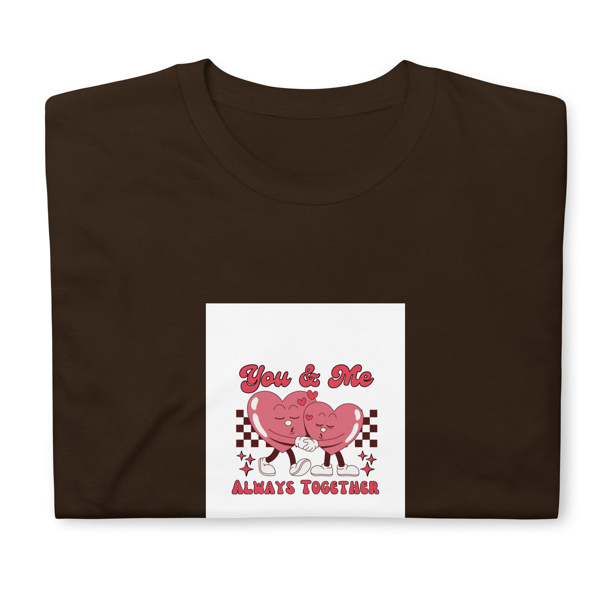 Dark brown graphic tee with “You & Me” pink couple and checker heart design