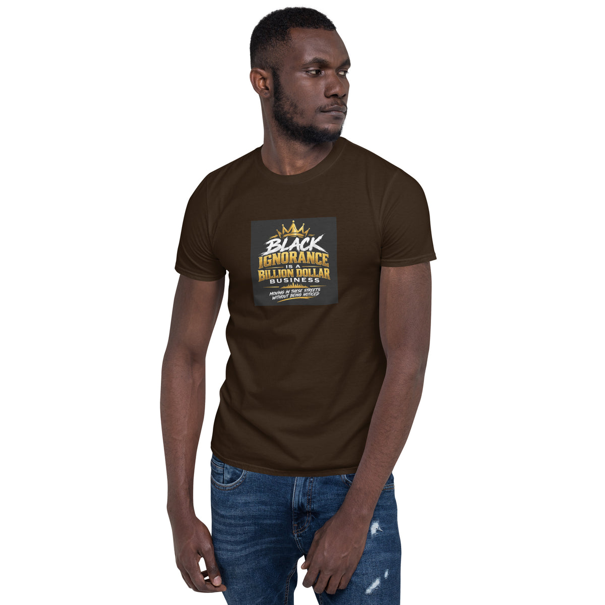Dark chocolate unisex short-sleeve T-shirt with centered slogan graphic