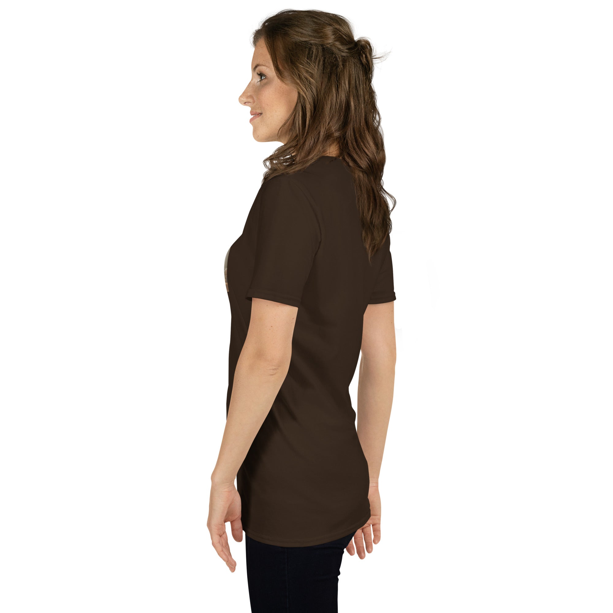 Dark chocolate unisex T-shirt side view, short sleeves, crew neckline