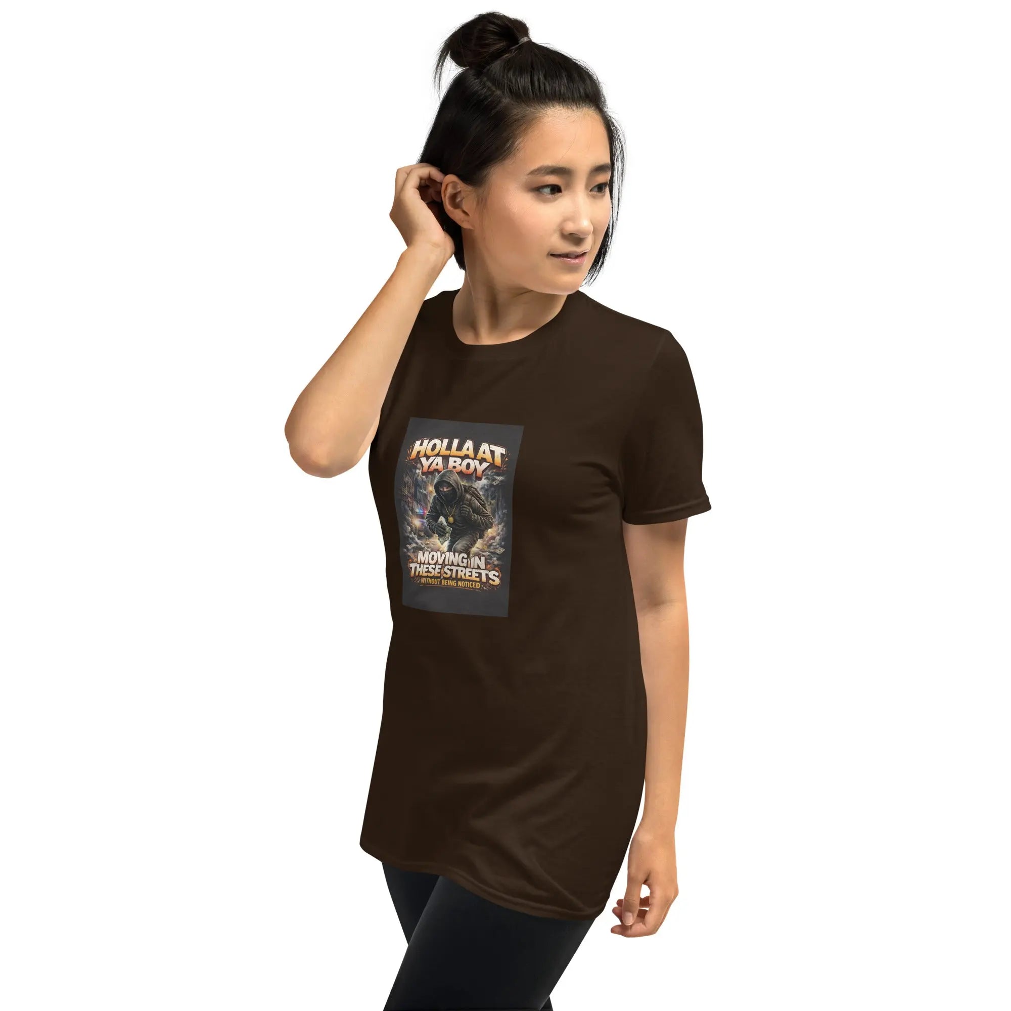 Dark chocolate unisex T-shirt with front cat graphic and crew neck