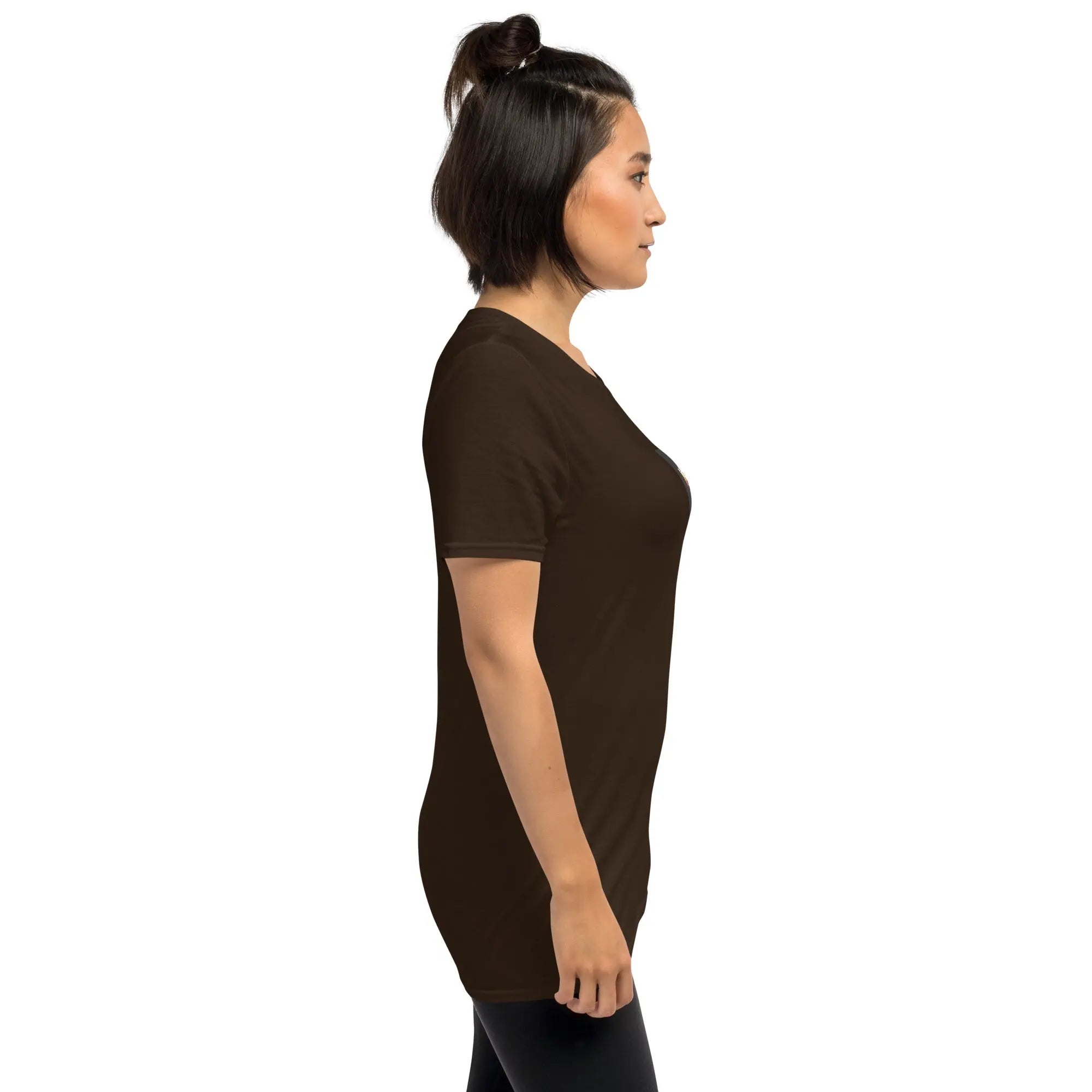 Unisex T-shirt in dark chocolate brown, back-to-side view, crew neck, short sleeves