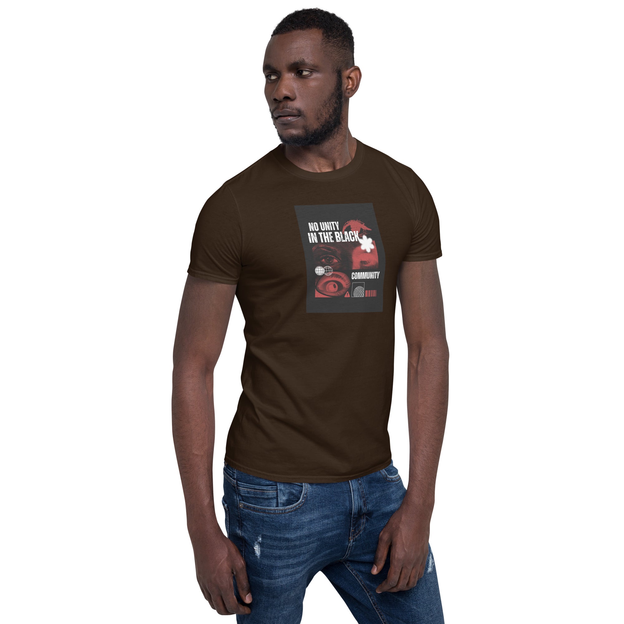 Dark chocolate unisex T-shirt, front graphic square with slogan design