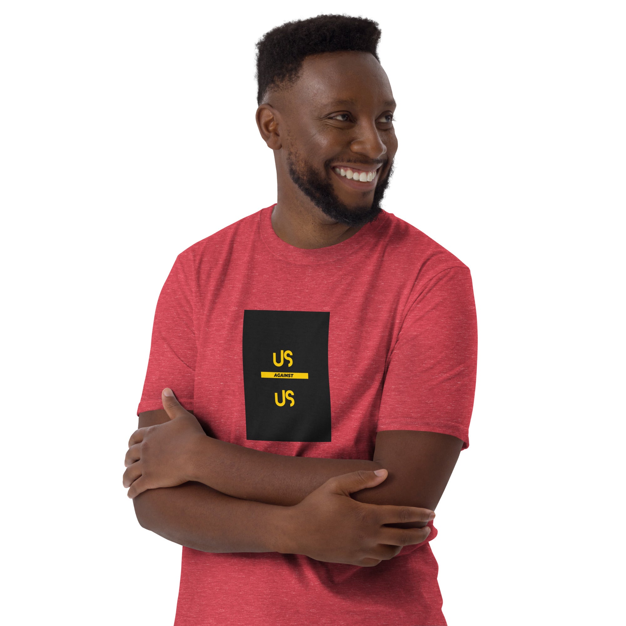 Red unisex short-sleeve T-shirt with front square “US AGAINST US” graphic