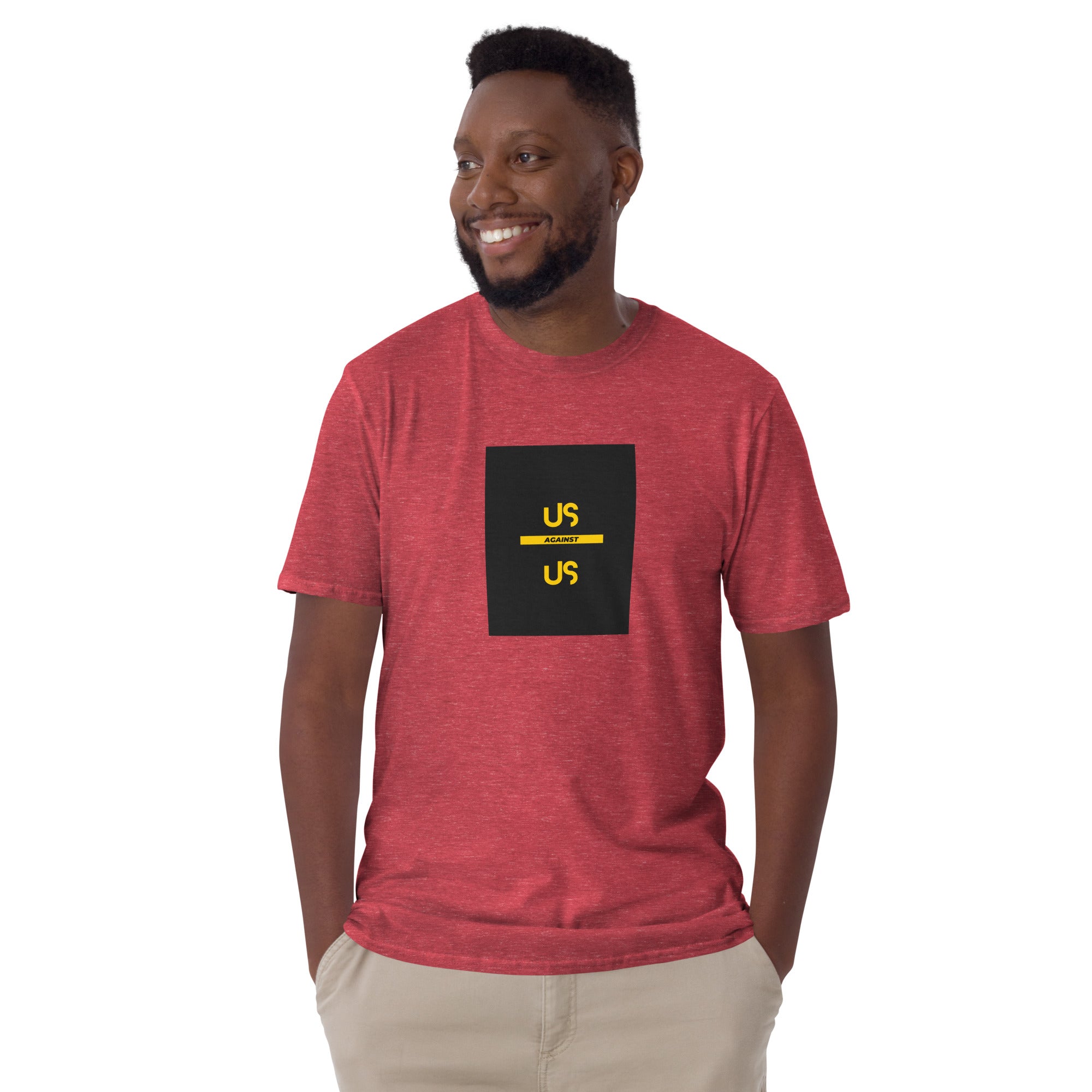 Heather red unisex short-sleeve T-shirt with front square “US against US” graphic