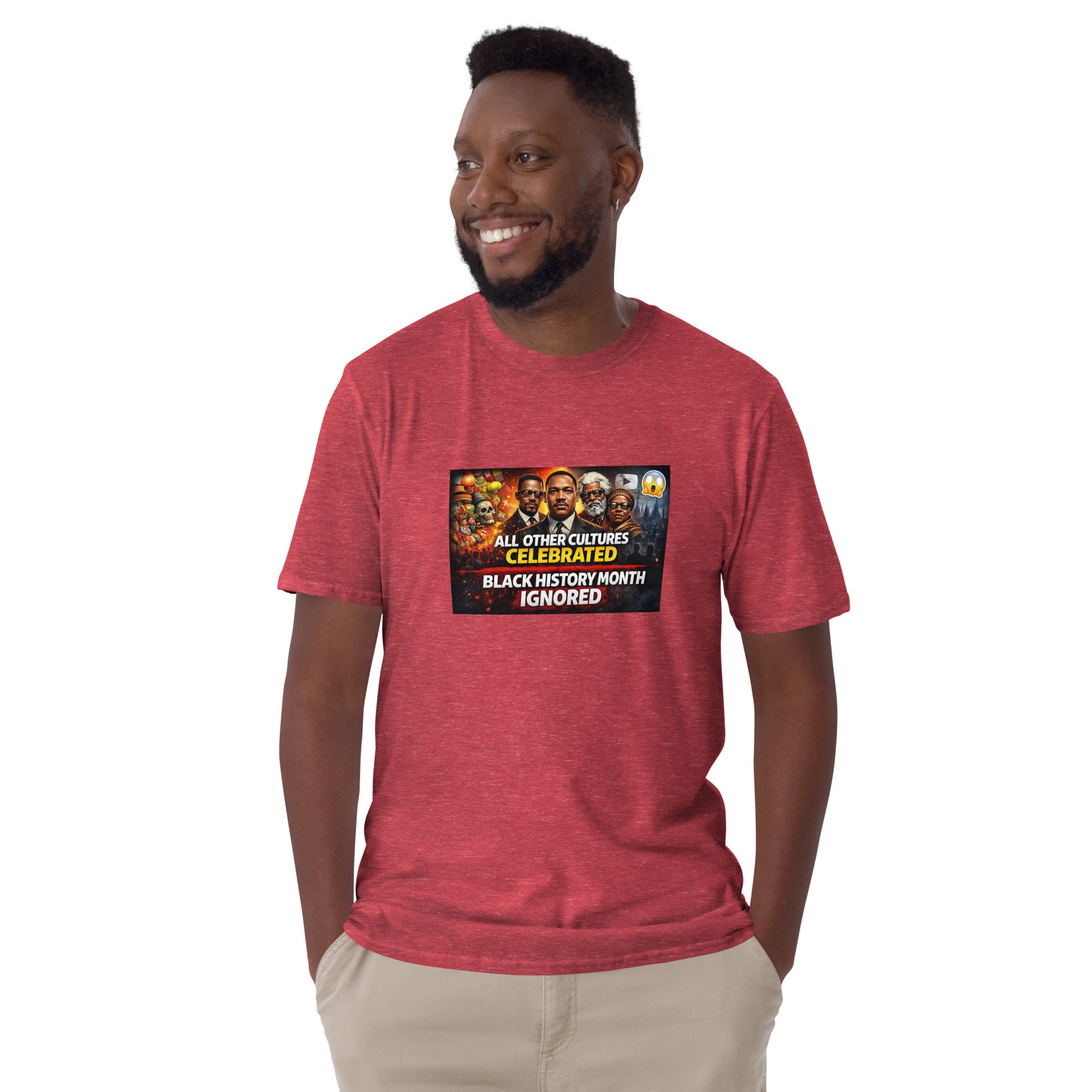 Unisex short-sleeve T-shirt in heather red, front graphic print