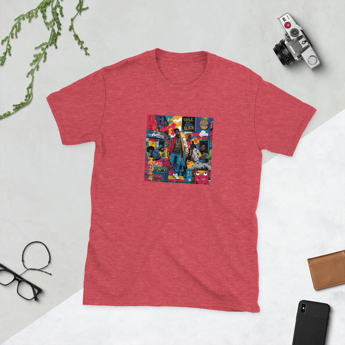 Red graphic tee with colorful front chest print