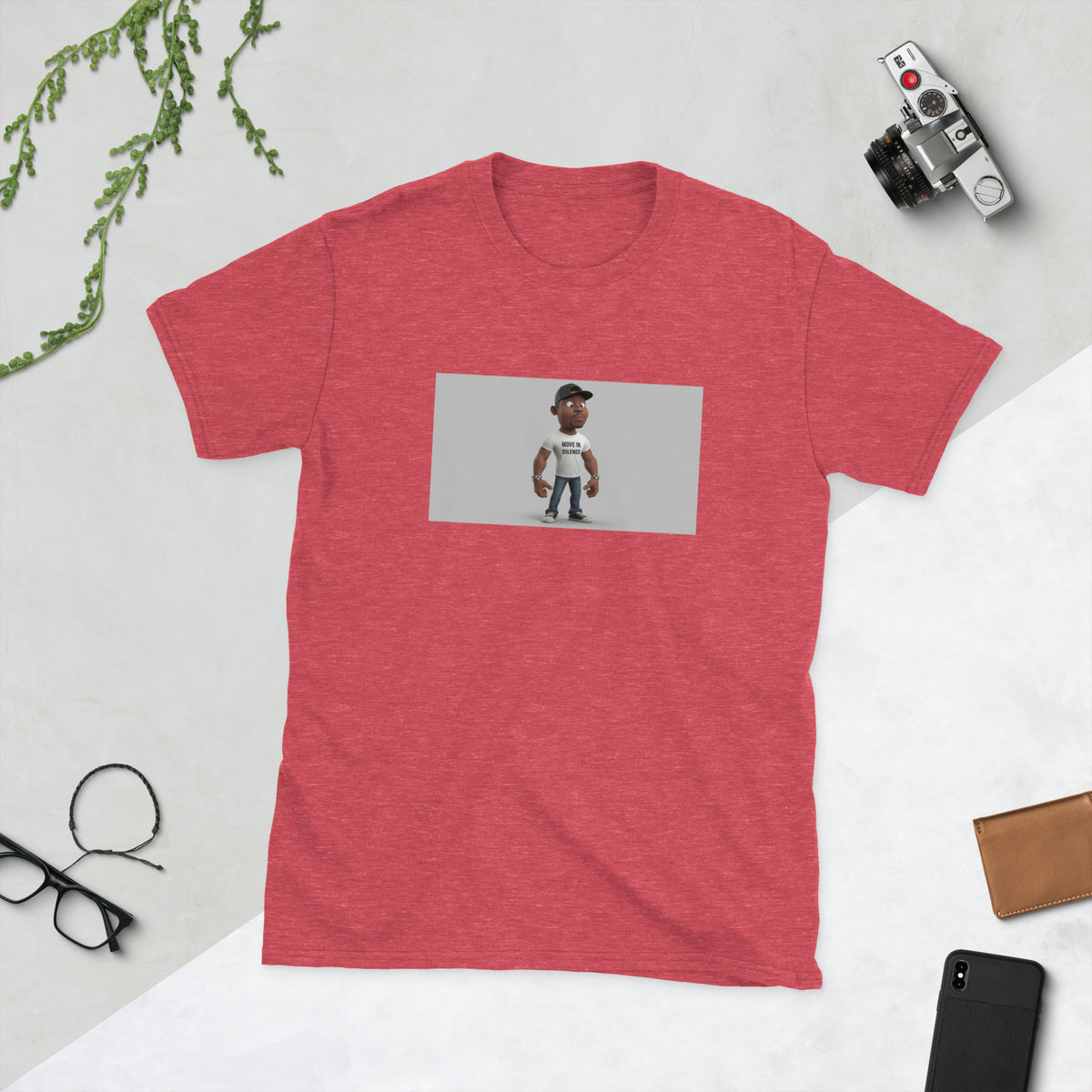 Red unisex graphic T-shirt with rectangular portrait print on front