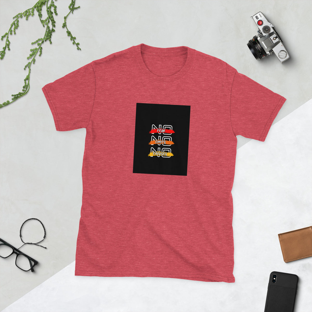 Red crewneck graphic tee with black square front print