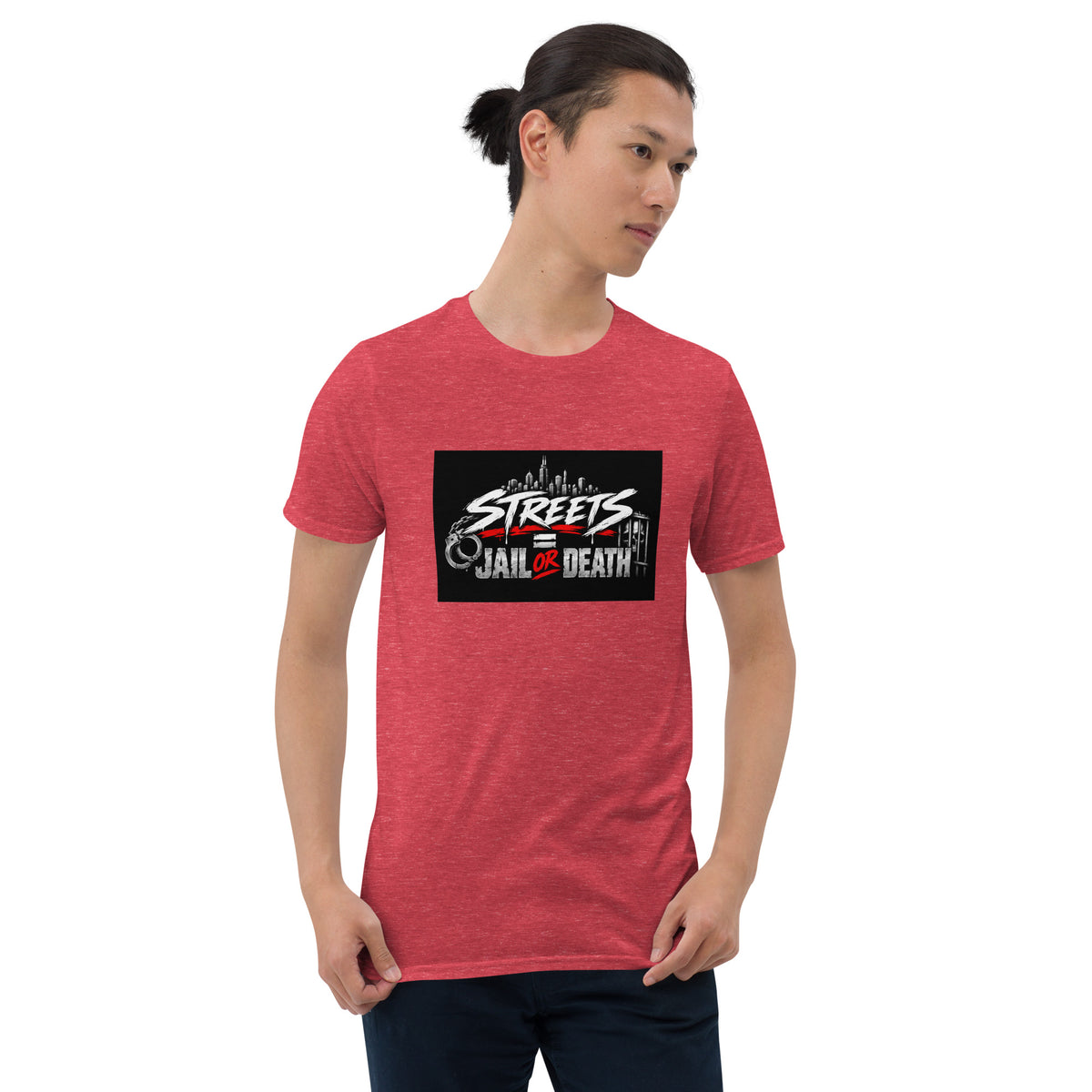 Heather red unisex graphic T-shirt with front square logo print, crew neck.