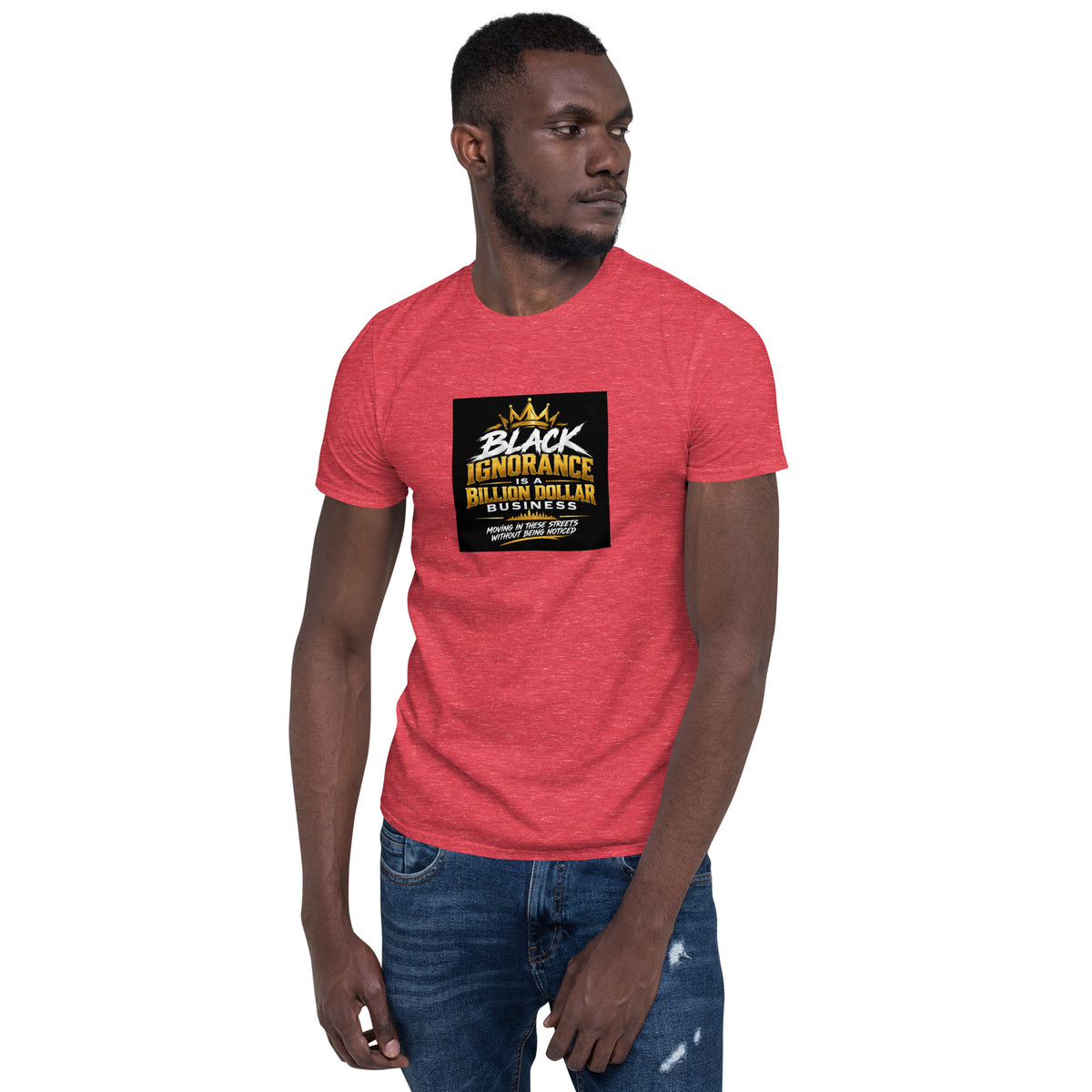 Red unisex short-sleeve T-shirt with black-and-yellow chest graphic print, front view
