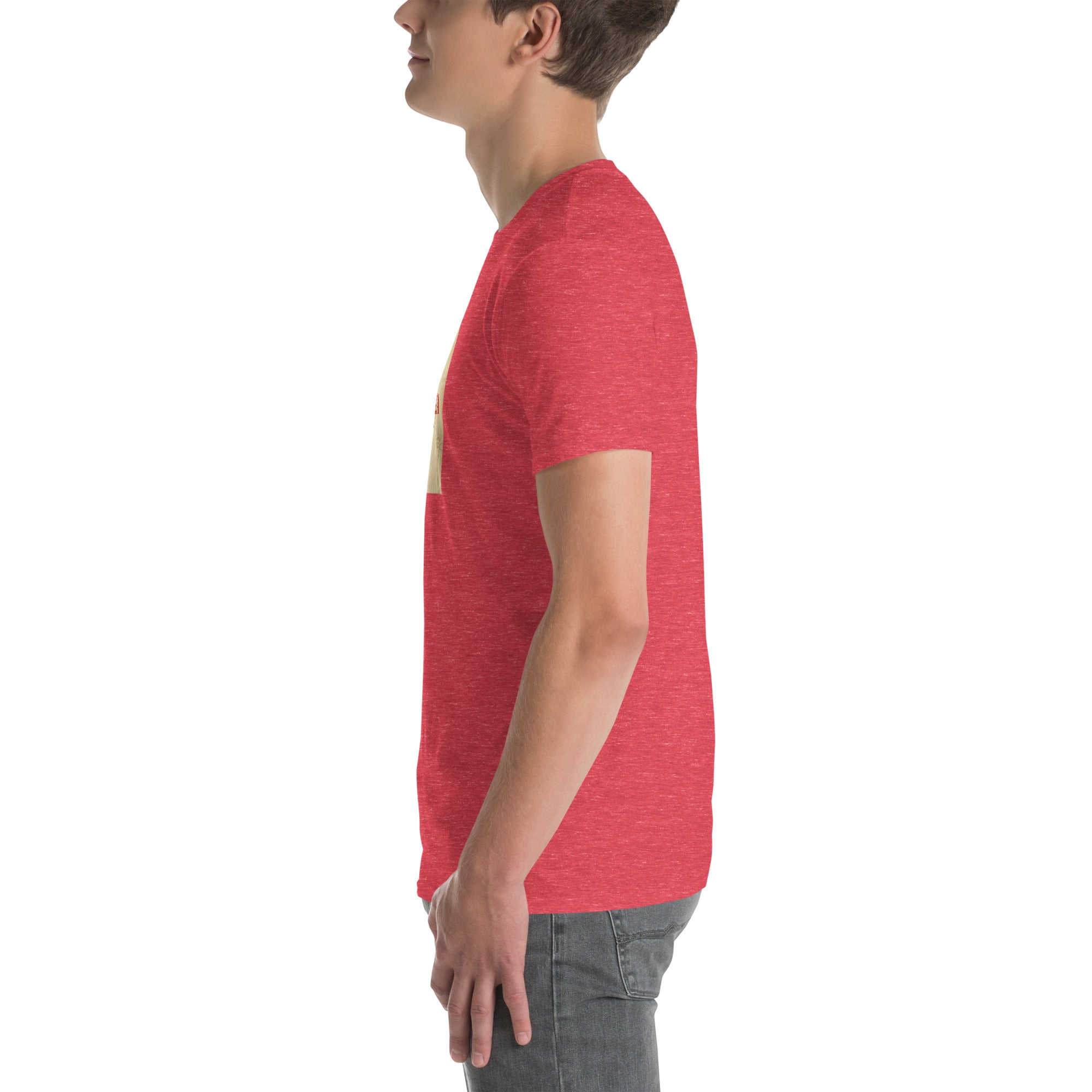 America Is A Scam unisex T-shirt, red heather, short sleeves, front graphic square
