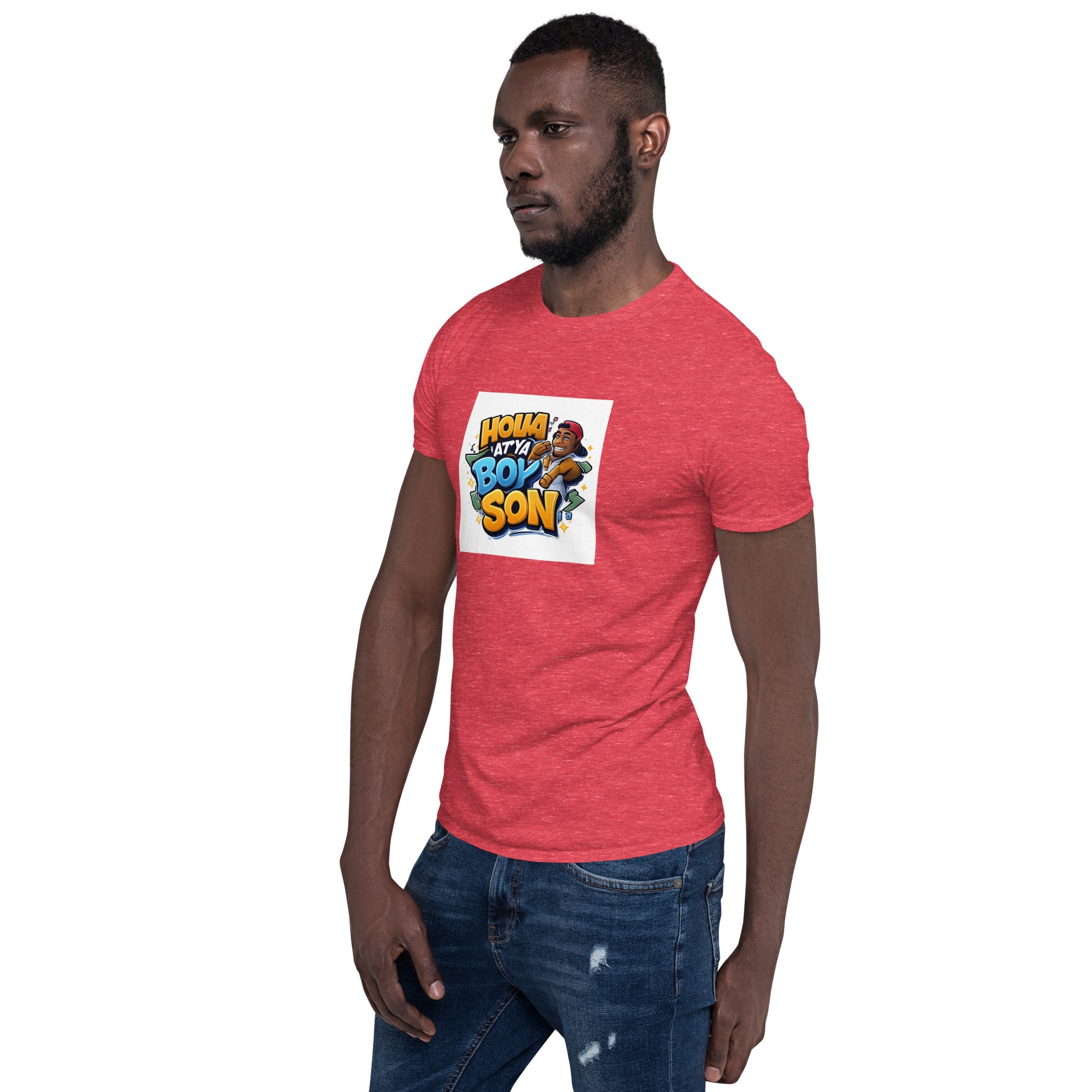 Red unisex short-sleeve T-shirt with front “Boy Son” graphic print