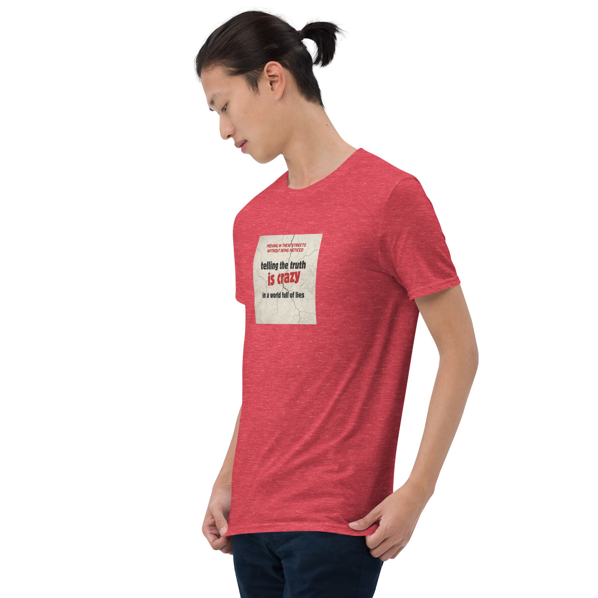 Red heather T-shirt front angled view showing square quote graphic on chest